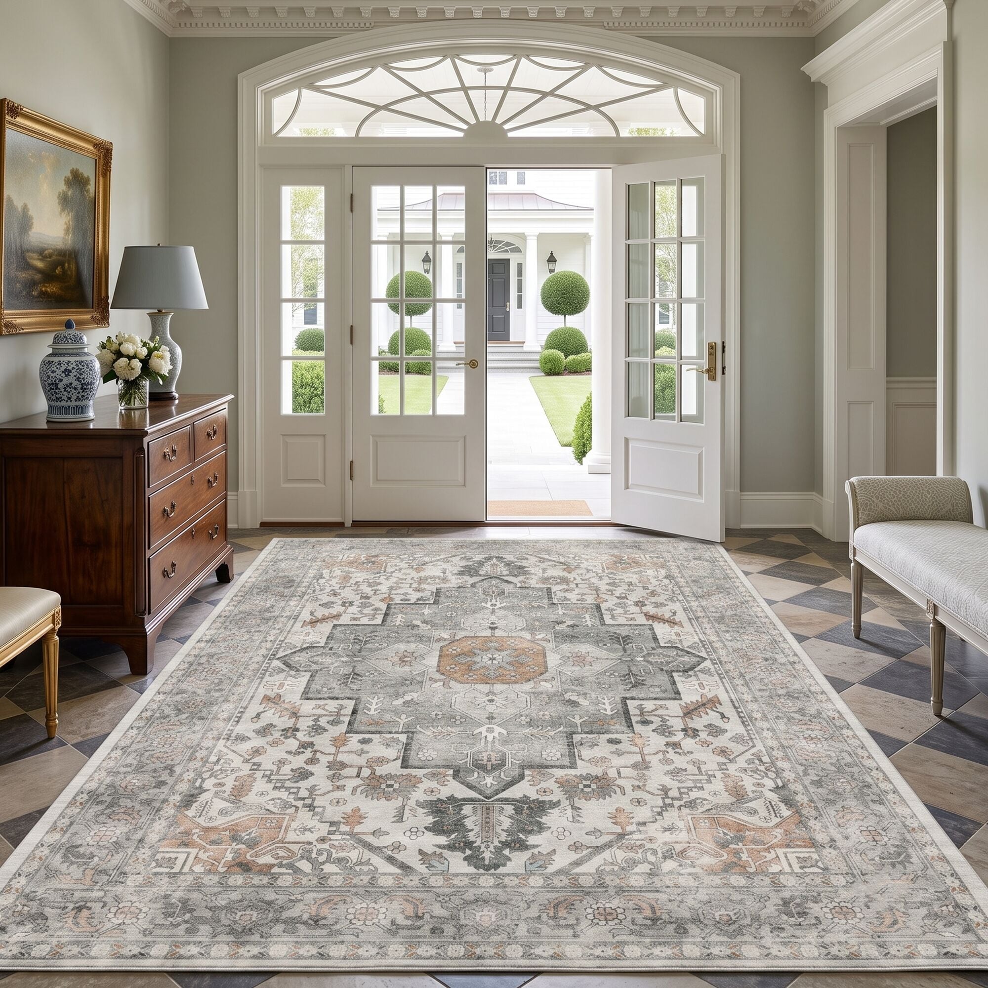 BrooveWave Beige Persian 9-ft x 12-ft Washable Non-Slip Low-Pile Soft Indoor Area Rug Kid and Pet Friendly for Living Room Bedroom Dining Room and Large Spaces