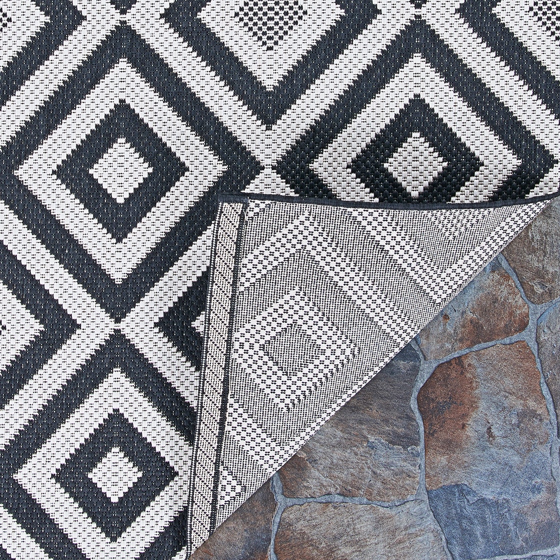 Black Geometric Flat Woven Synthetic Indoor/Outdoor Area Rug