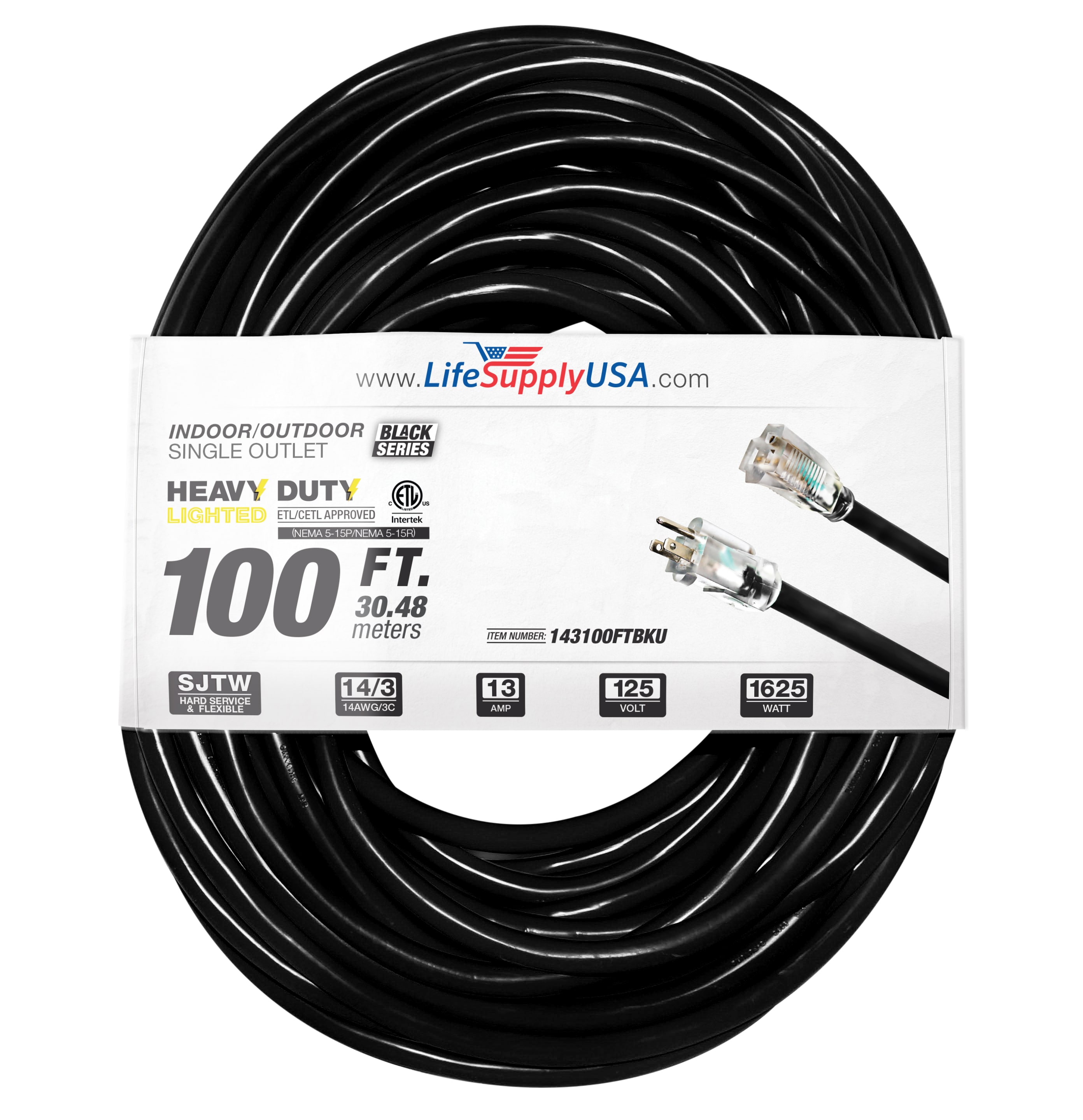 LifeSupplyUSA 143100FTBKU 100-ft 14 / 3 3 Prong Black Indoor/Outdoor SJTW Heavy Duty Lighted Extension Cord