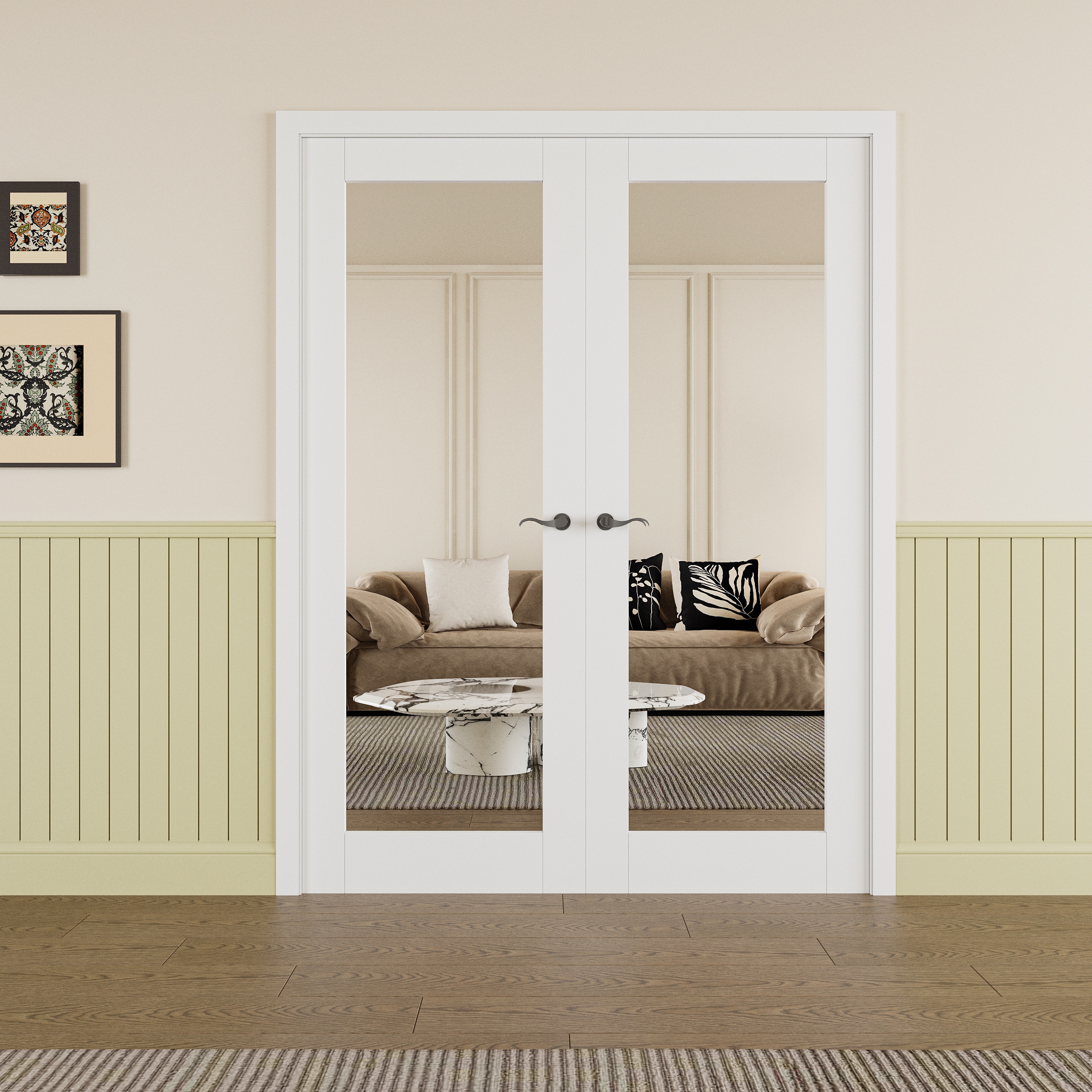 JUJUBON Traditional 72-in x 80-in White MDF Full lite Mirrored glass Prehung Interior French Door (Hardware Included) #IN-PRE-F72M80F