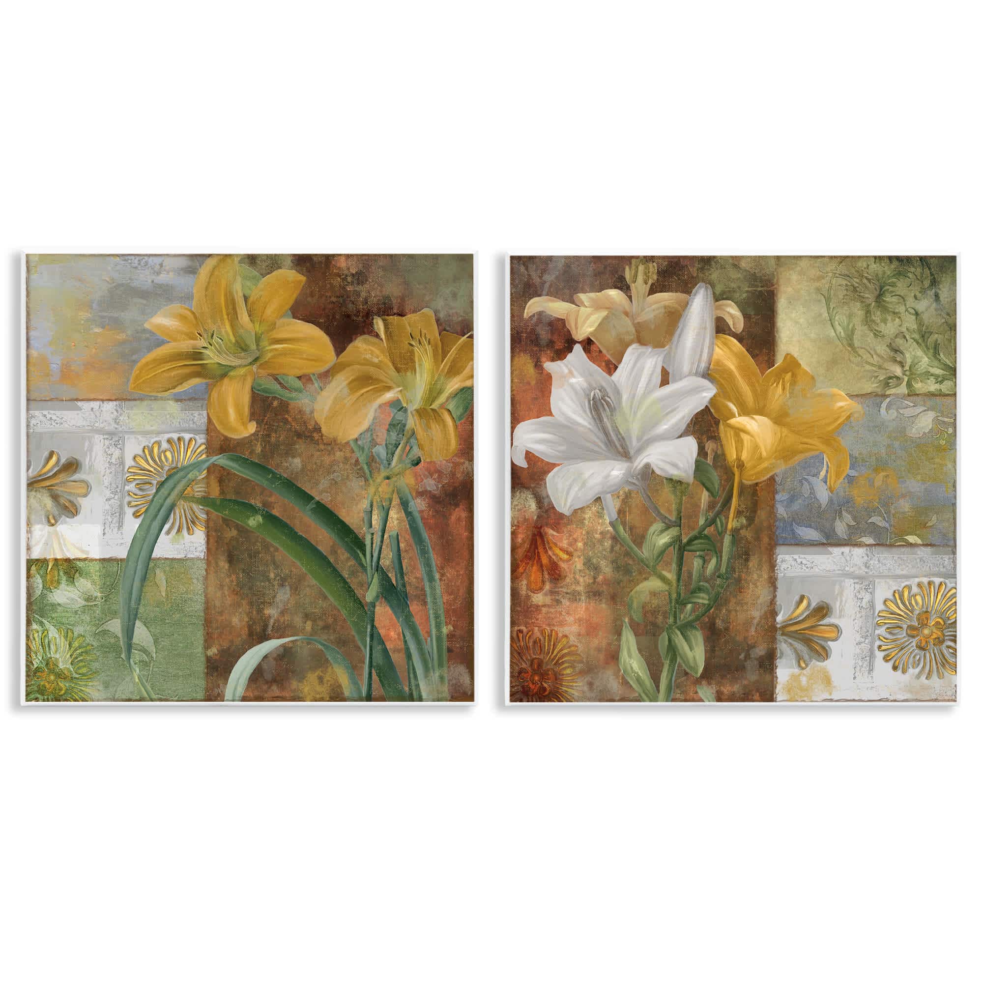 Stupell Industries B2-809-WD-2PC-12X12 Lilies and Vintage Tile Patterns 2pc Wall Plaque Set design by Sasha