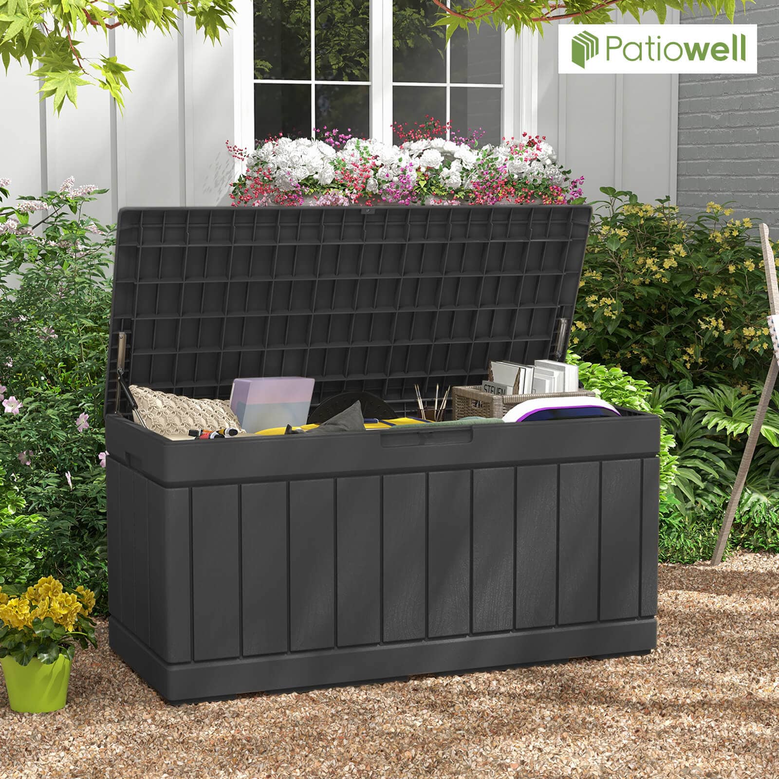 Patiowell 46.4-in L x 20.8-in 82-Gallons Black Plastic Deck Box in the ...