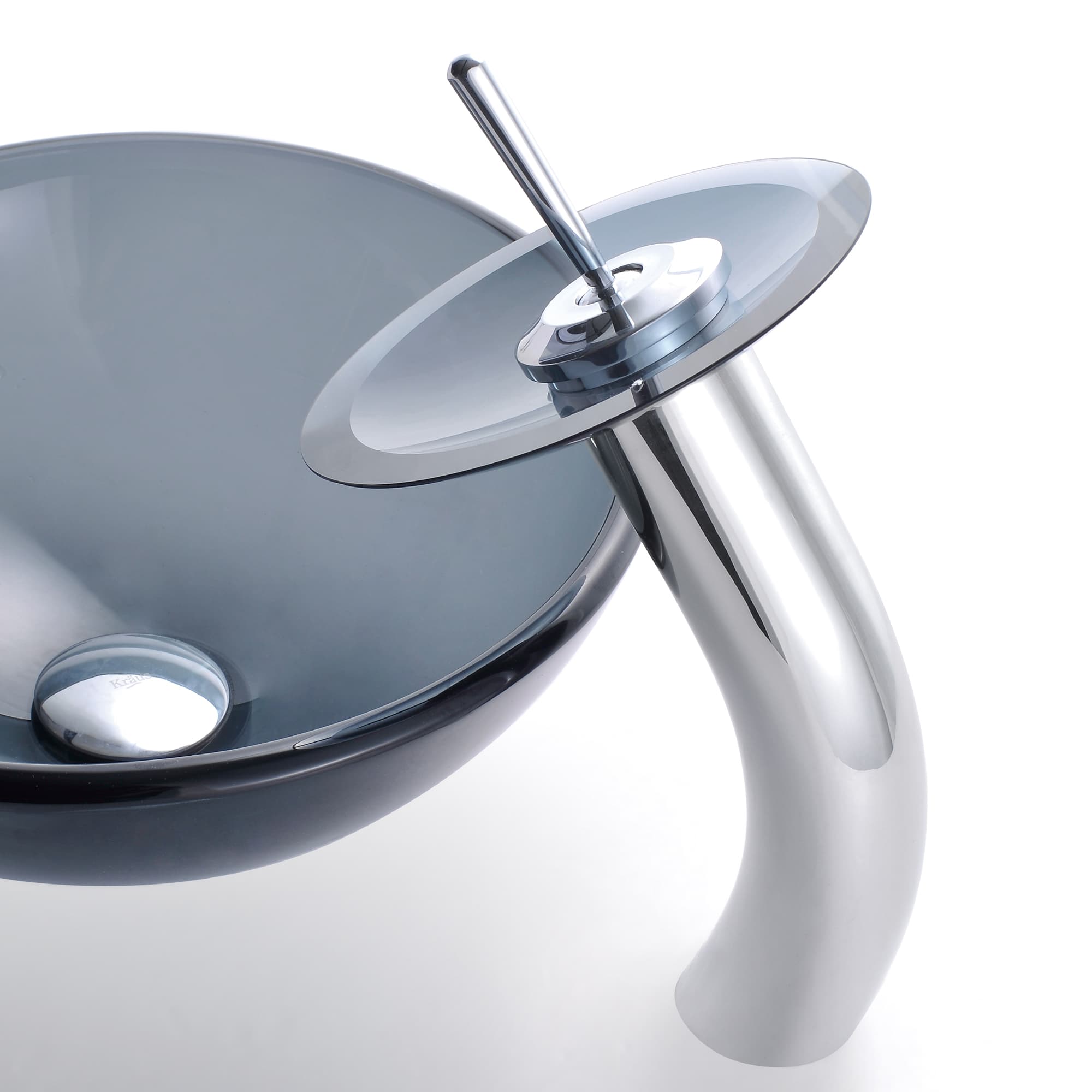 Kraus - 14 Inch Glass Vessel Sink in Clear Black with Pop-Up Drain and Mounting Ring in Satin Ni...