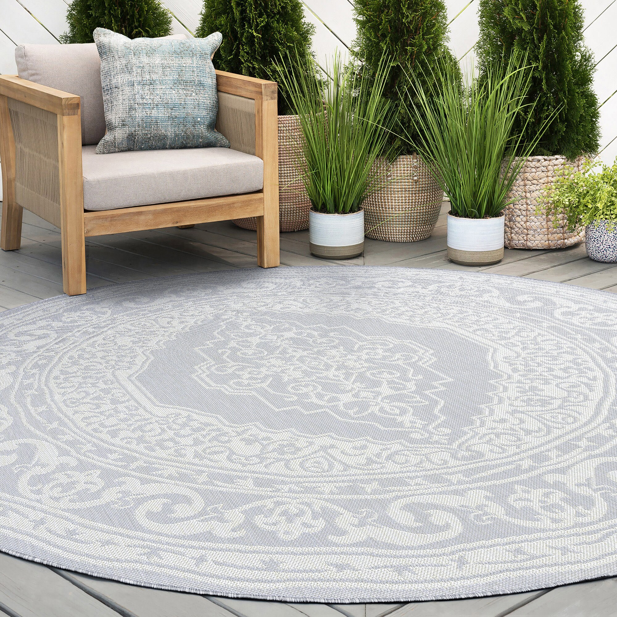 Tayse ECO1604 6RND Eco 6 x 6 (ft) Flatweave Polypropylene Gray Round Indoor/Outdoor Coastal Area rug