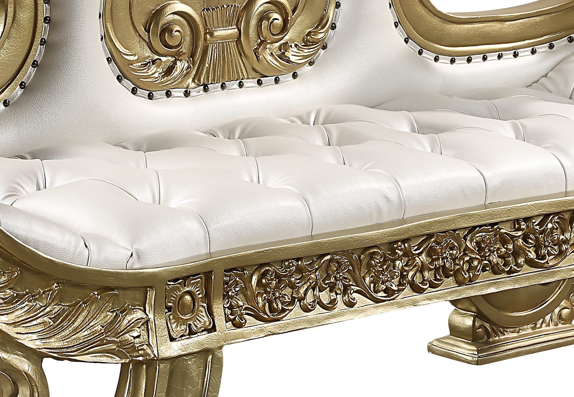 Bernadette White and Gold Synthetic Leather Bench with Intricate Scrollwork