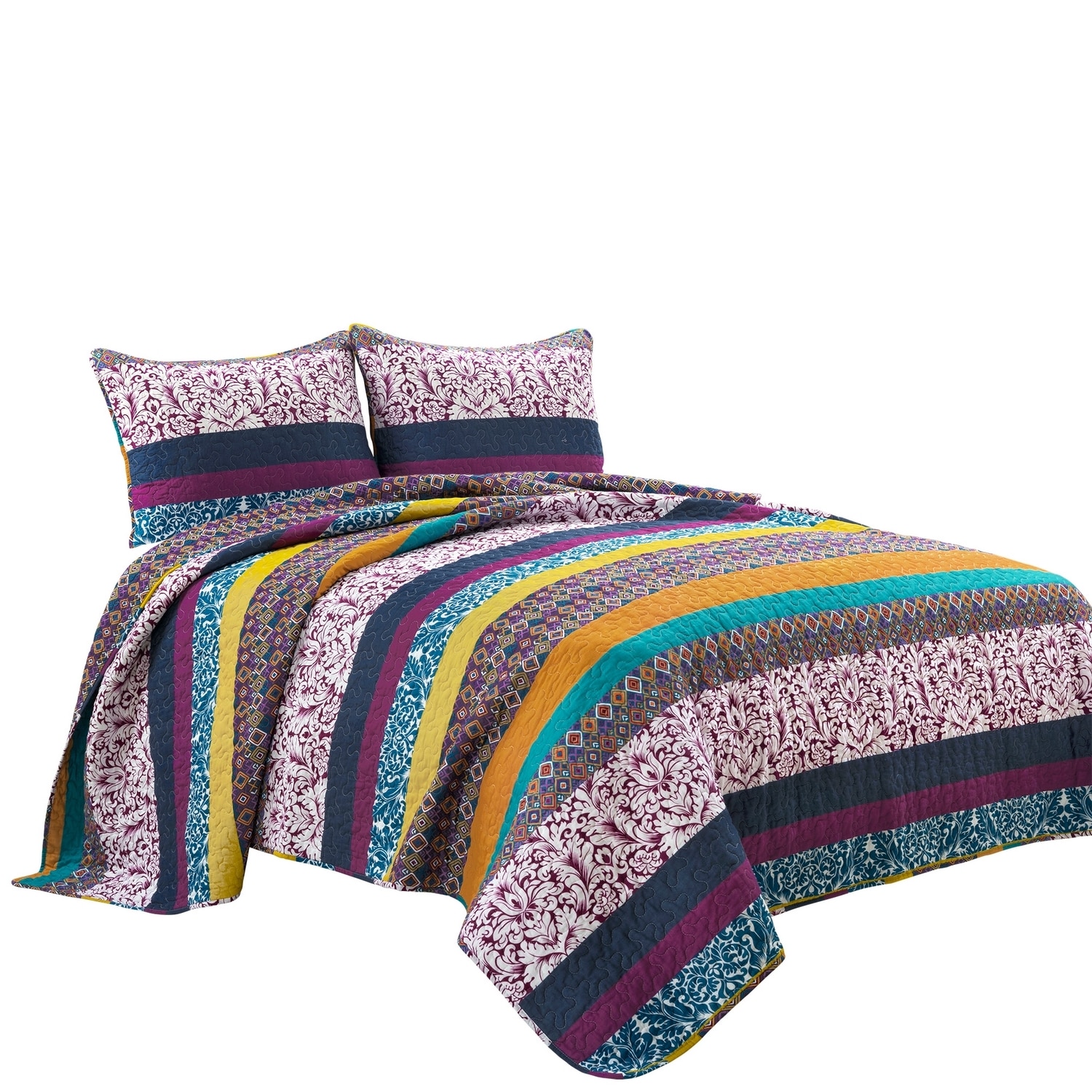 King Size Boho Stripe Reversible Cotton Quilt Set in Purple and Yellow