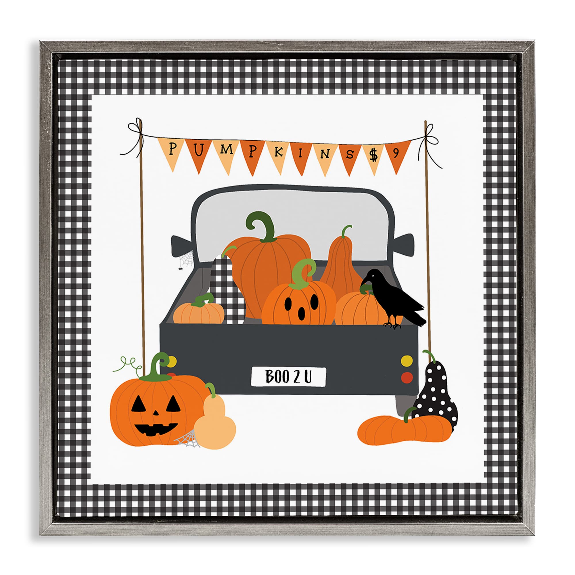 Stupell Industries BT-495-FFL-24X24 Pumpkin Truck with Gingham Border Gray Framed Floater Canvas Wall Art By Sazerelli Designs 25 x 25