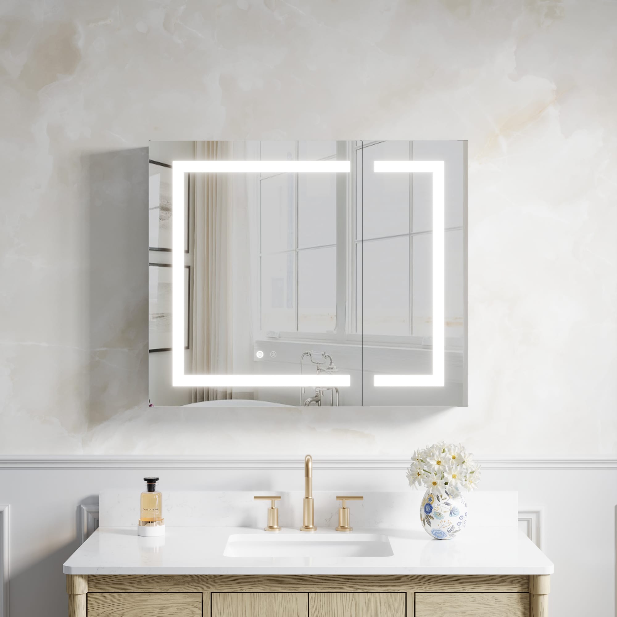 Ayelon Cabinet 36-in x 30-in Lighted LED Fog Free Surface/Recessed Mount Silver Mirrored Rectangle Soft Close Medicine Cabinet with Outlet #Z3JL3630