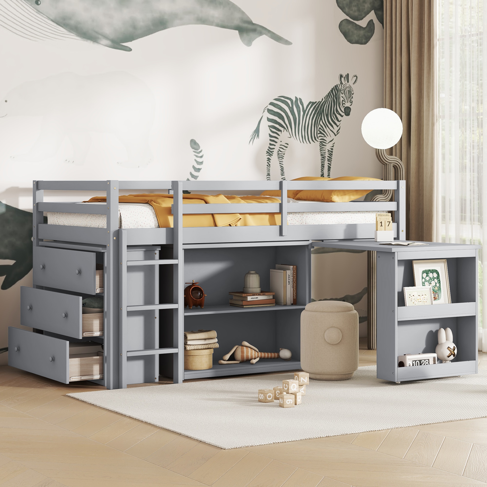 GDFStudio Freja Scandinavian Solid Rubberwood Loft Bed with Desk Storage Cabinets Ladder and Guardrails - Twin - Grey