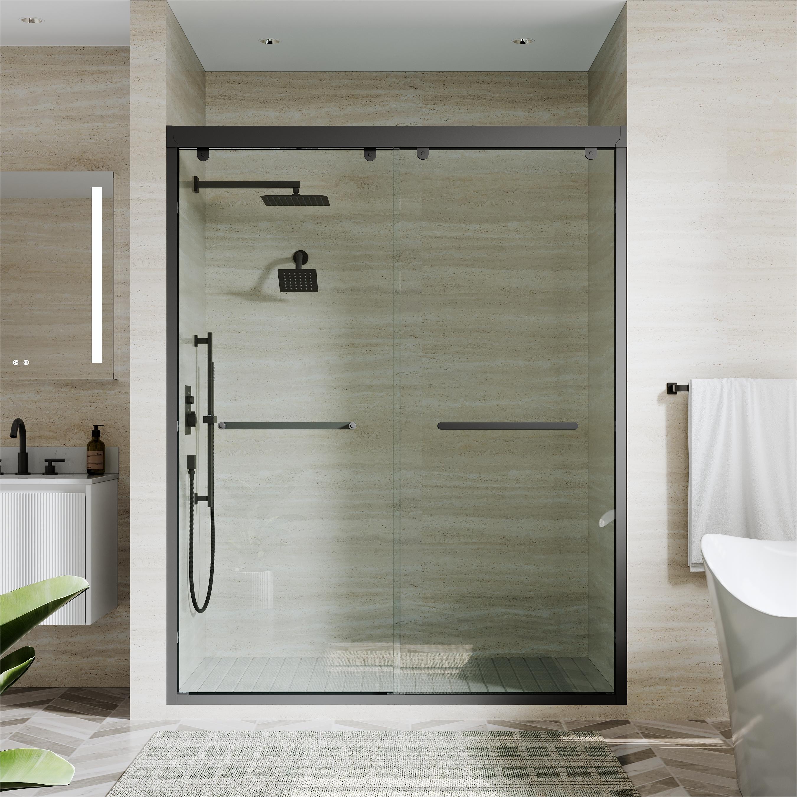 WELLFOR QPZ-TL14W Matte Black 56-in to 60-in W x 75-in H Framed Clear Glass Sliding Soft Close Shower door