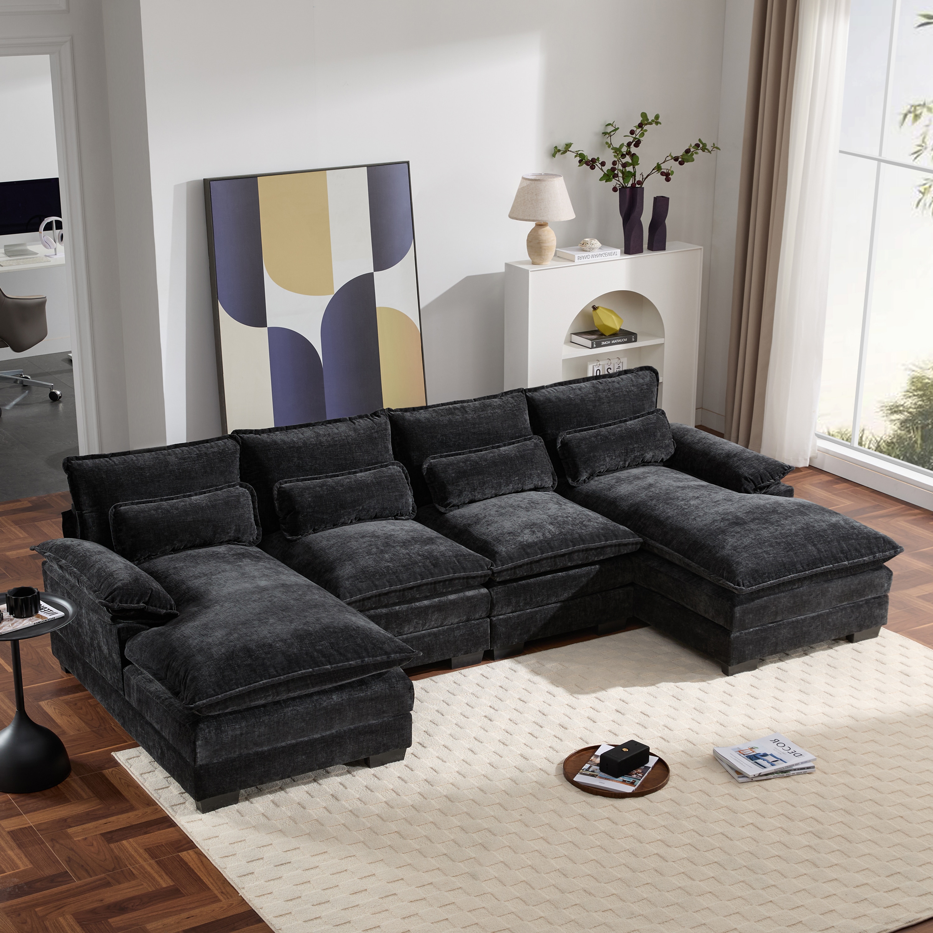 ModernLuxe N723S8004T Modern Modular Ushaped Sectional Sofa with Waist Pillows6 Seat Upholstered Symmetrical Indoor FurnitureComfy Chenille Cloud Couch Set with Chaise Lounge for Living RoomApartment5 Colours
