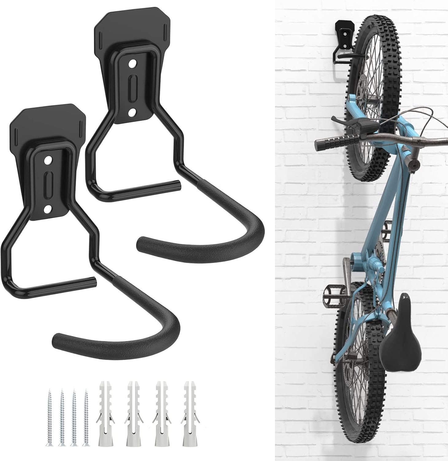 Atensils  2-Pack Heavy Duty Bike Wall Mount Rack Vertical Bicycle Storage Hangers with Safety Locking Mechanism and Rubber Coated Hooks for Garage Shed Apartment Indoor Storage