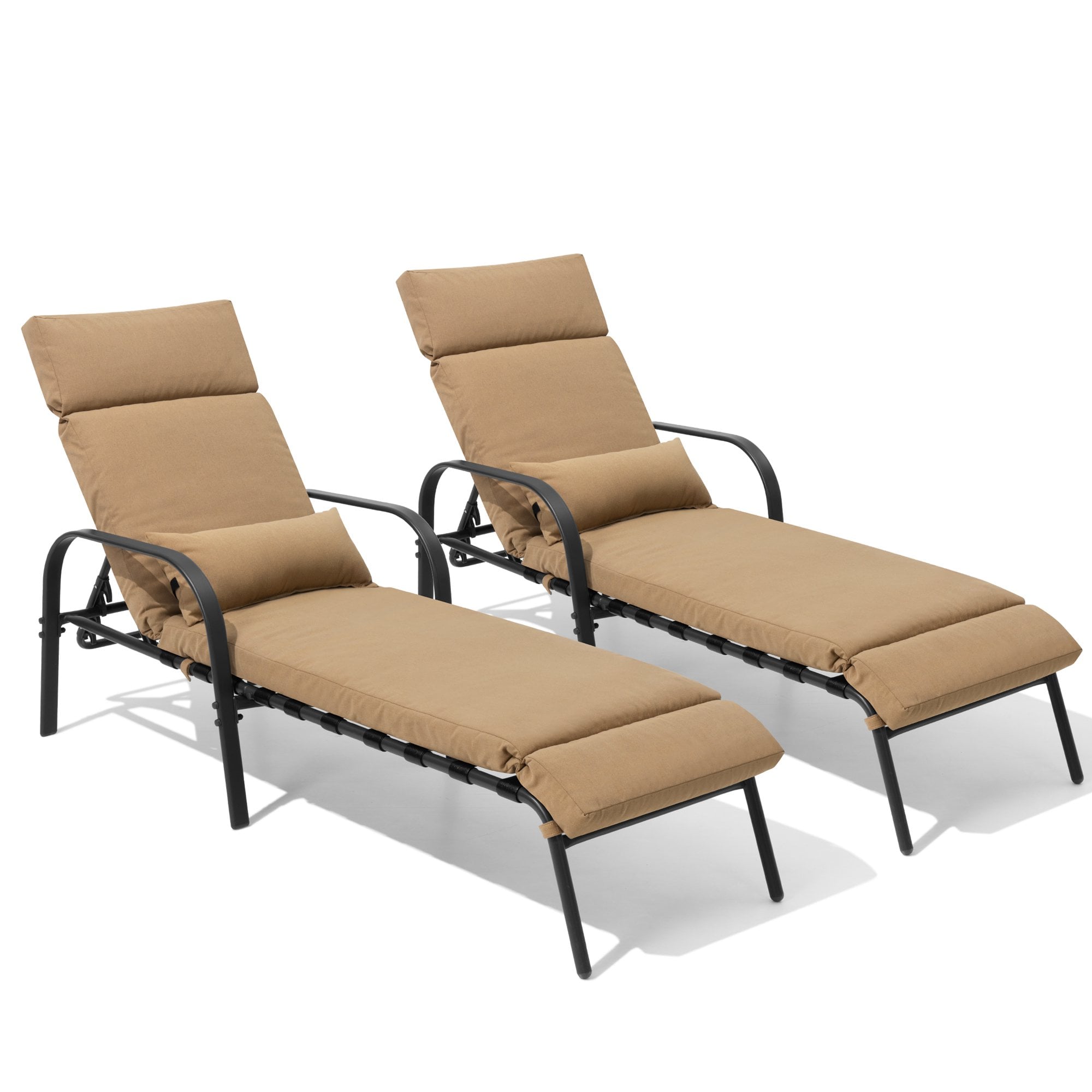 Crestlive Products CL-LG015TAN-2 Adjustable Chaise Lounge Chair with Cushion and Pillow Set of 2 Brown Metal Frame Stationary Chaise Lounge Chair with Brown Cushioned Seat