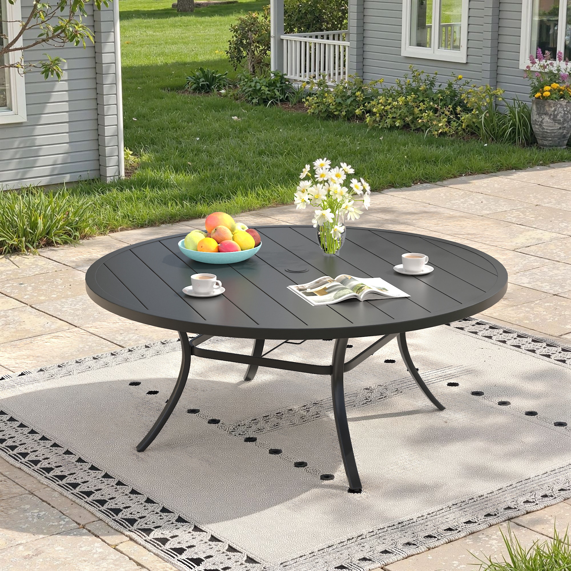 60 round patio table with umbrella hole DIFY 60" Dining for 8-10, Outdoor Metal Dining Table 1.57" for Backyard Lawn Garden, Black : Patio, Lawn & Garden Robust Metal Build Outdoor Round Patio Dining Table,