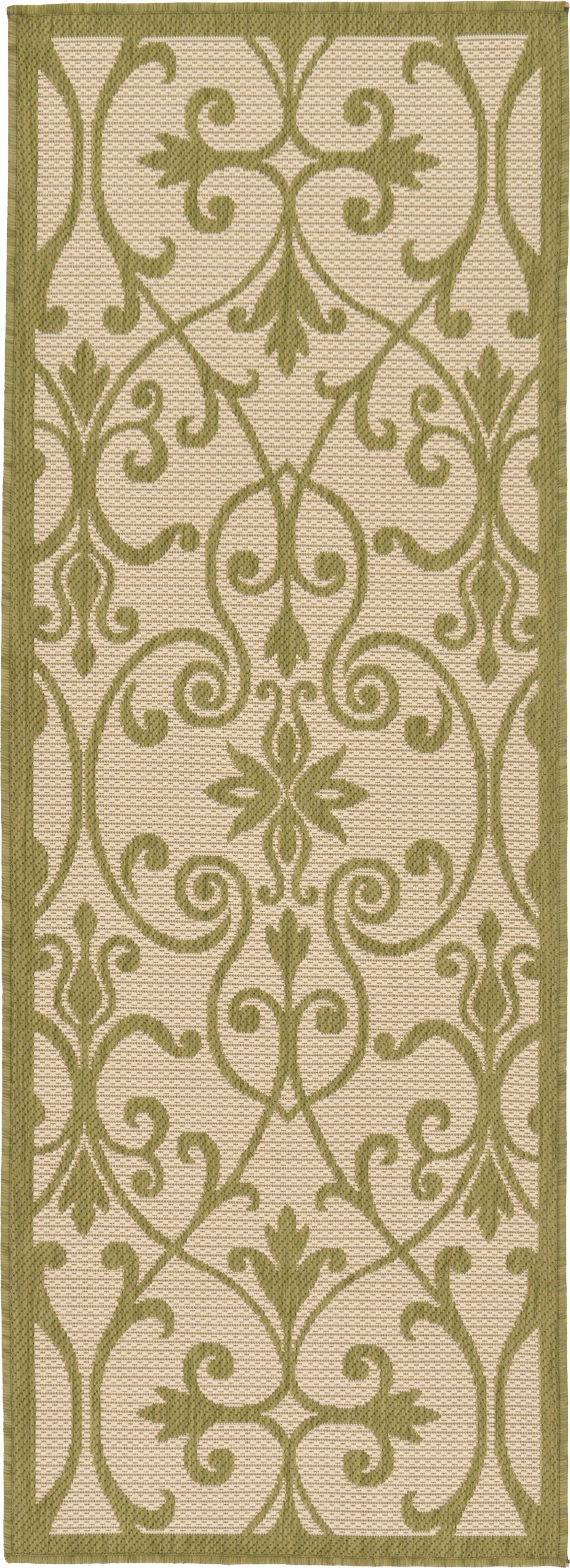 Unique Loom 3127163 Gate Outdoor 2 x 6 (ft) Loomed Polypropylene Green/Beige Rectangular Indoor/Outdoor Damask Vintage Runner rug
