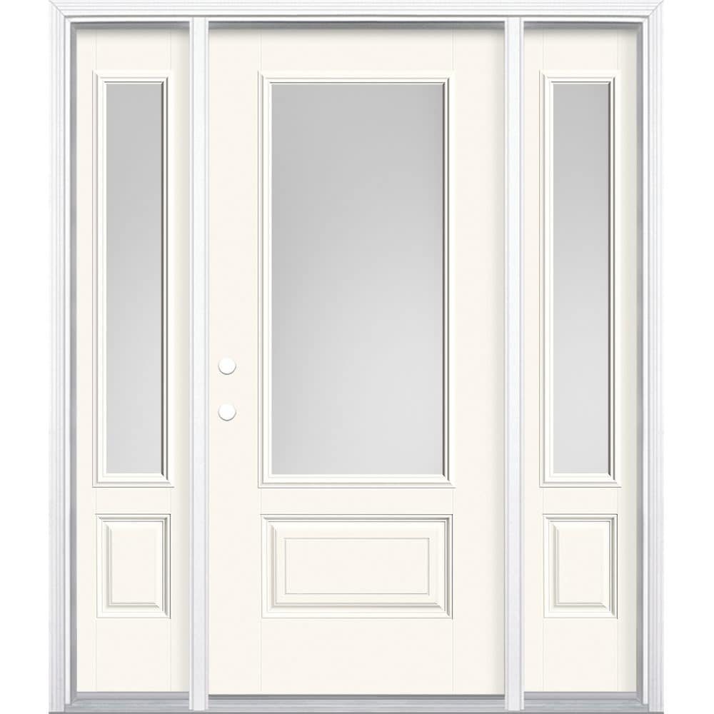 Masonite 629428 64-in x 80-in x 4-9/16-in Fiberglass 3/4 lite Right-hand inswing Modern White Painted Prehung Front Door with Sidelights with Brickmould Insulating core