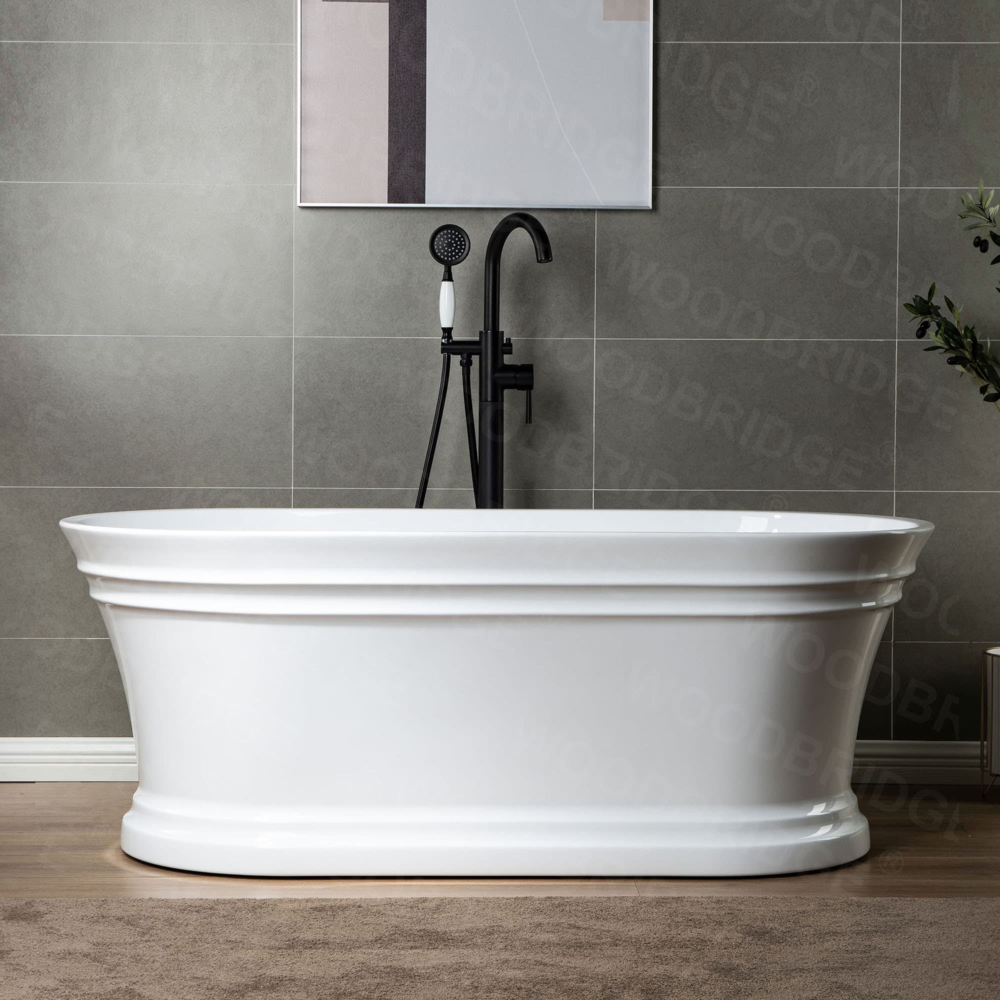 Woodbridge LB103 Archie 29.75-in x 59-in White with Matte Black Trim Acrylic Oval Freestanding Soaking bathtub with Drain ( Center Drain )