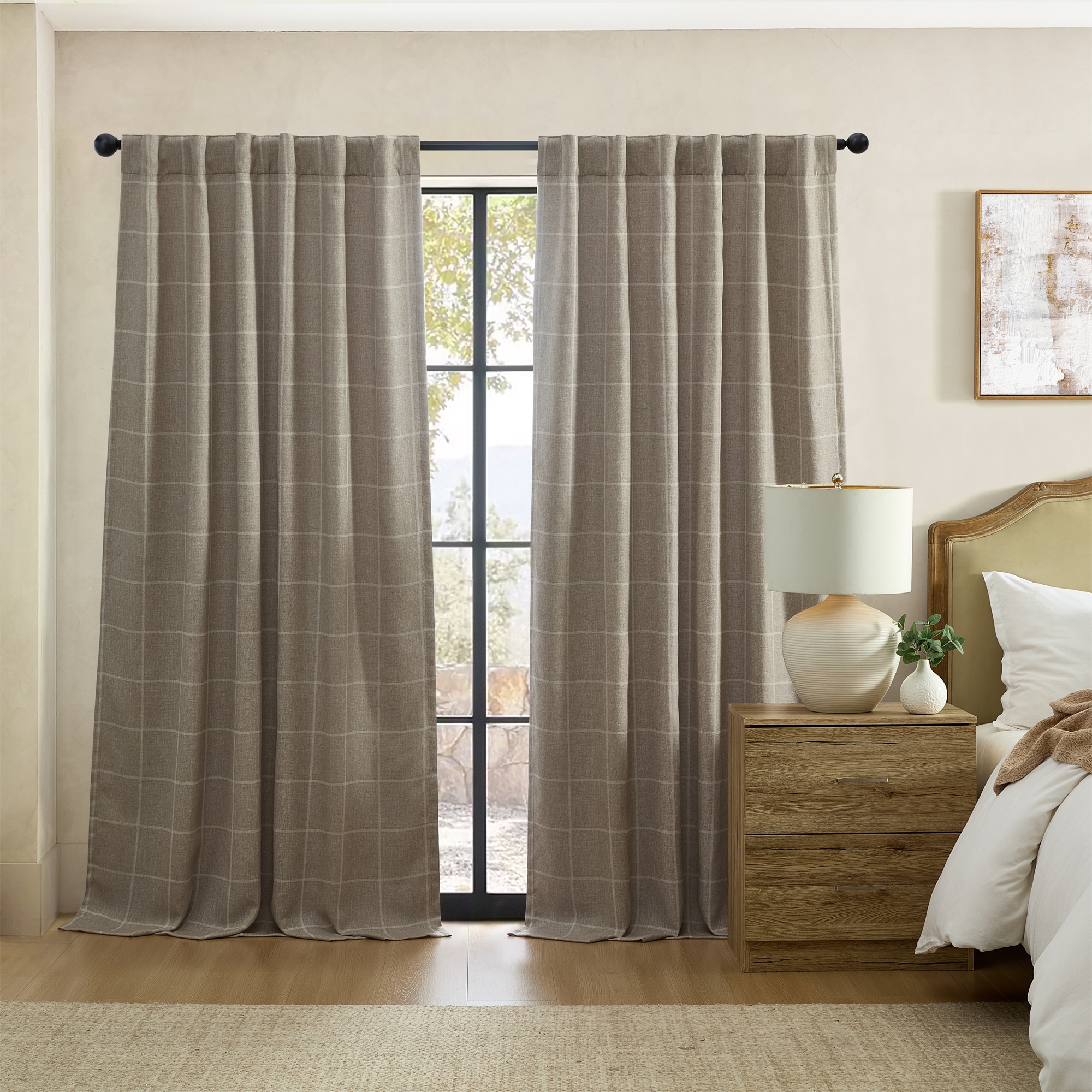 Elrene Home Fashions 194590351755 95-Inches Taupe Plaid Blackout Standard lined Back tab/Pinch pleat/Rod pocket Single curtain panel