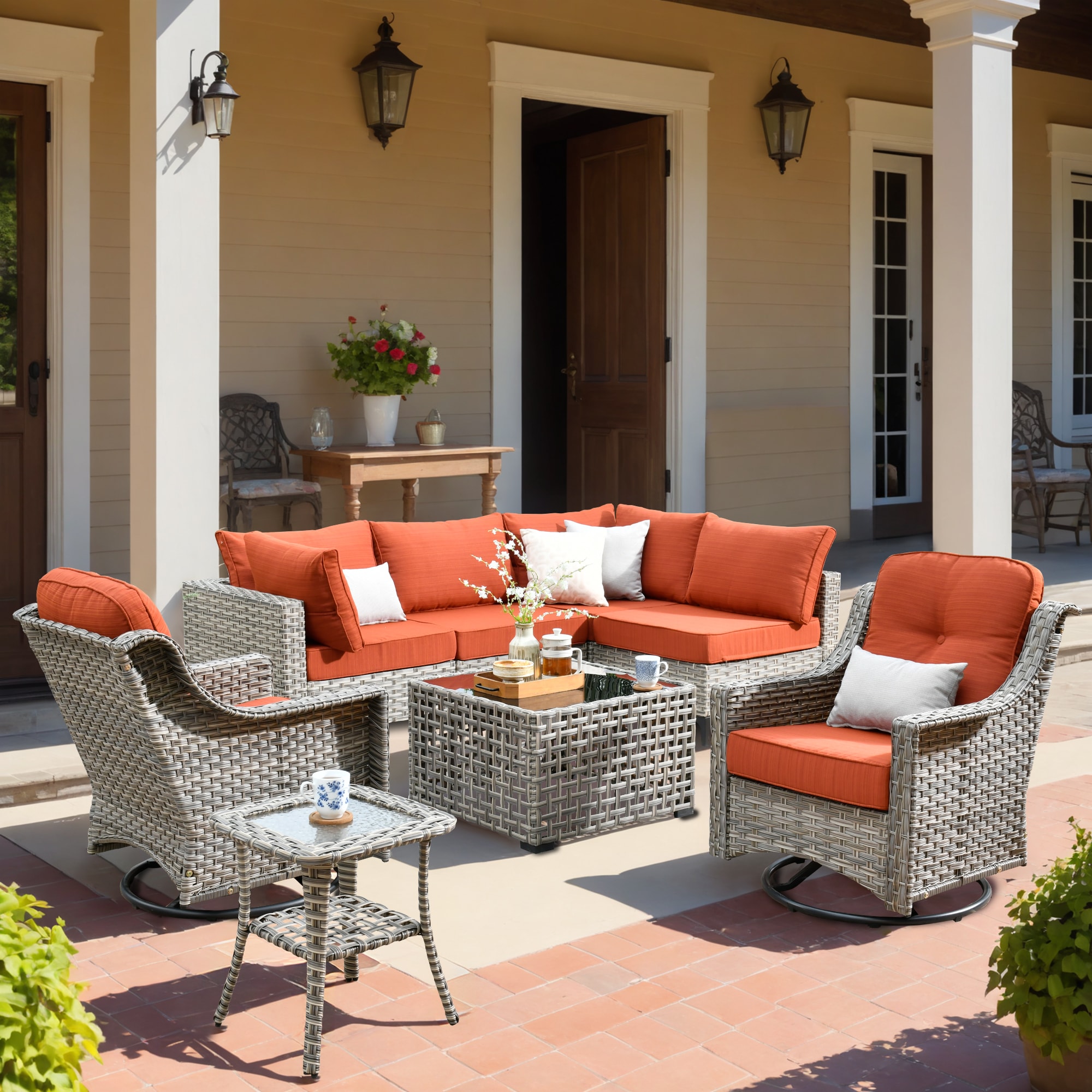 Caodoc L5-YZSKT808-1 YZSKT Wicker Outdoor Sofa with Orange Cushions and Wicker Frame