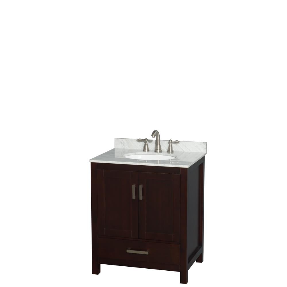 Wyndham Collection WCS141430SESCMUNOMXX Sheffield 30-in Espresso with Brushed Chrome Trim Undermount Single Sink Bathroom Vanity with White Carrera Natural Marble Top