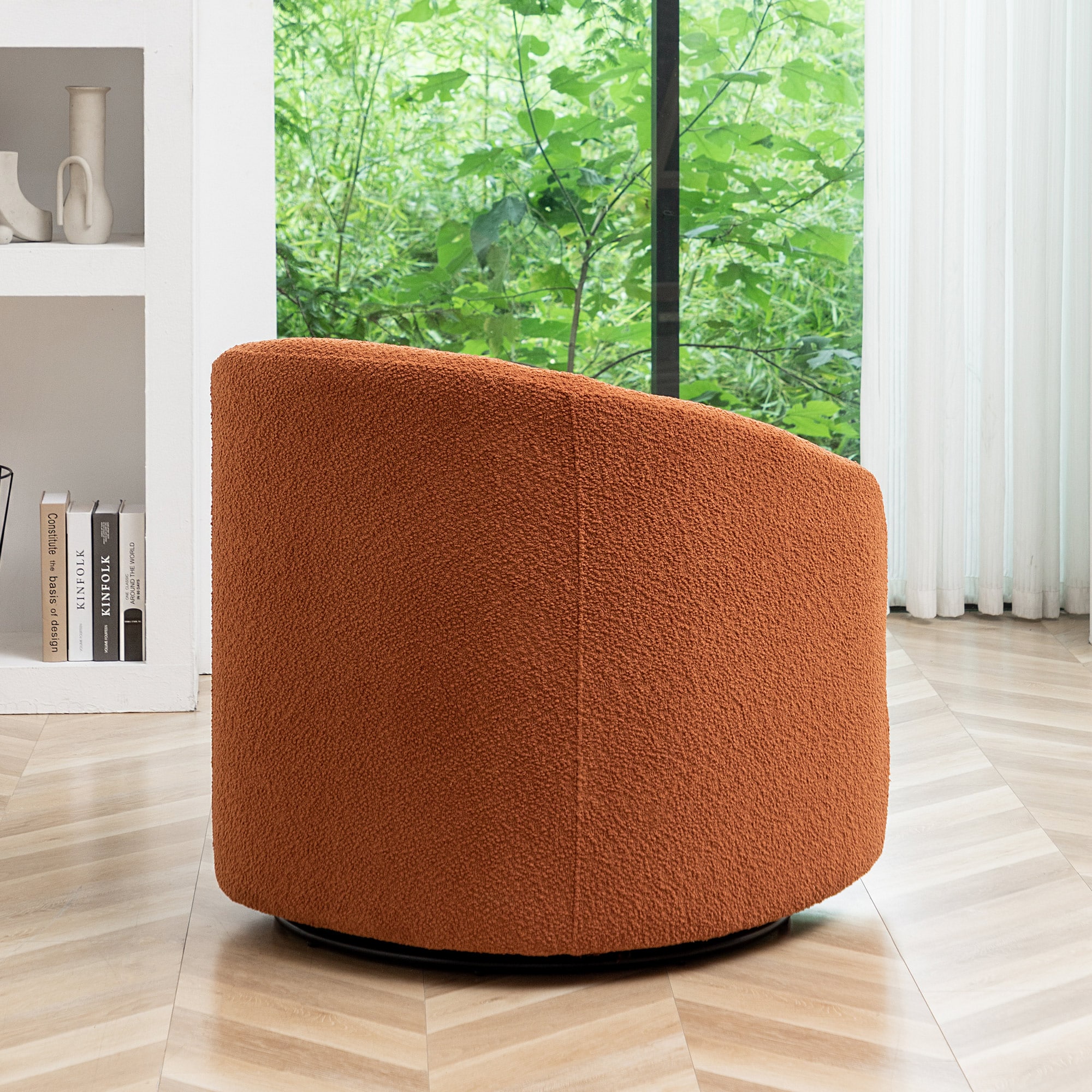 Caramel Boucle Upholstered Swivel Barrel Accent Chair