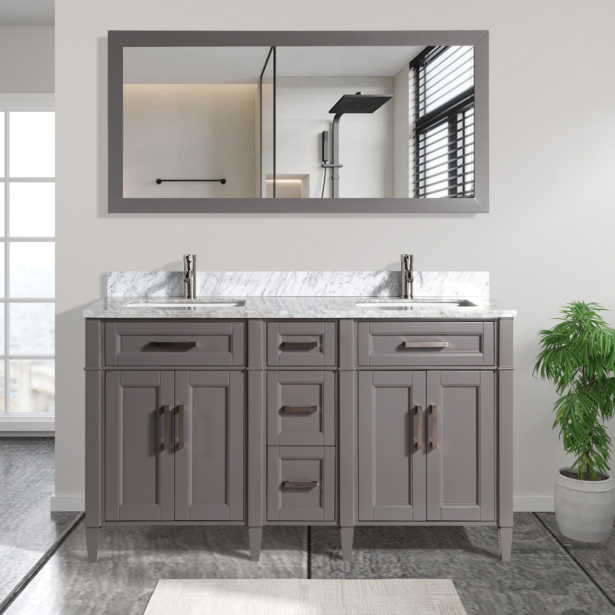 Vanity Art VA2060-DG Savona 60-in Grey Undermount Double sink Bathroom Vanity with White with Grey Veining Marble Top (Mirror Included)
