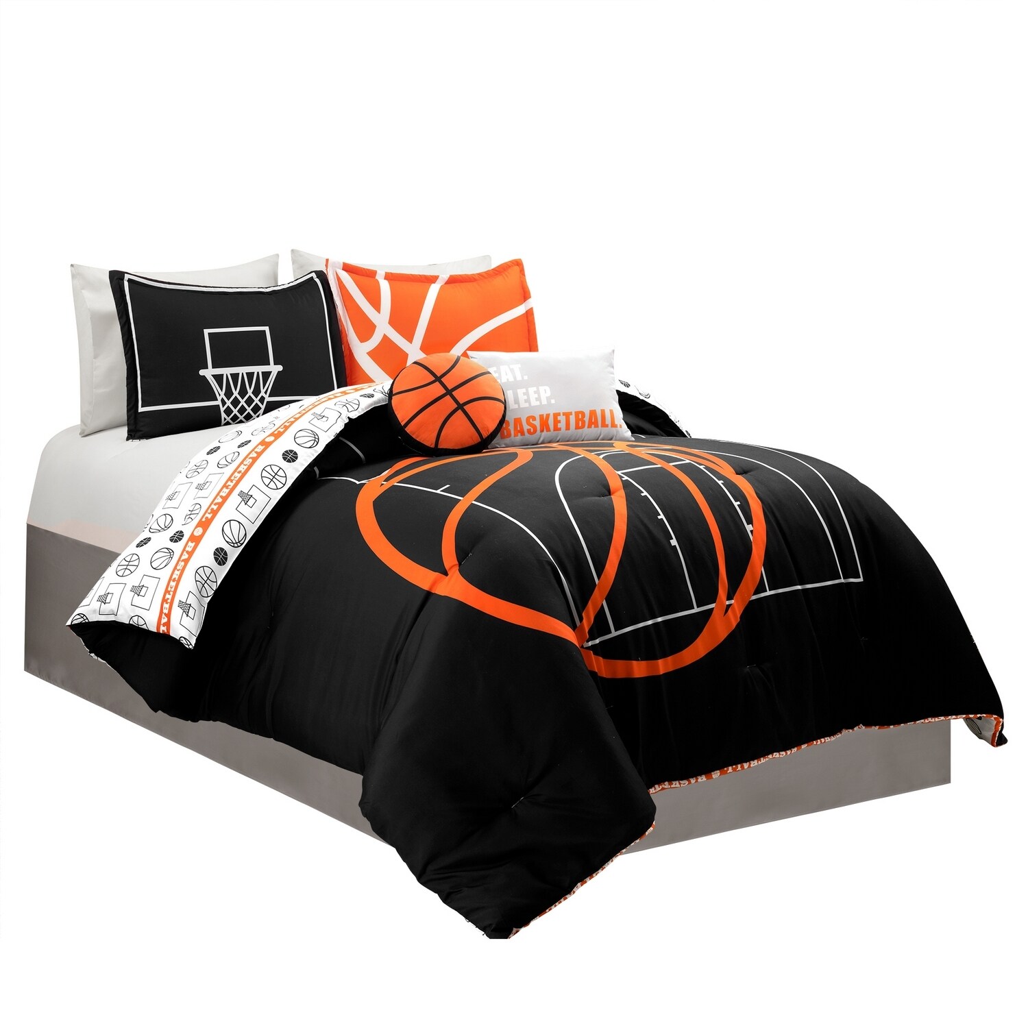 Full Black and Orange Microfiber Reversible Basketball Comforter Set