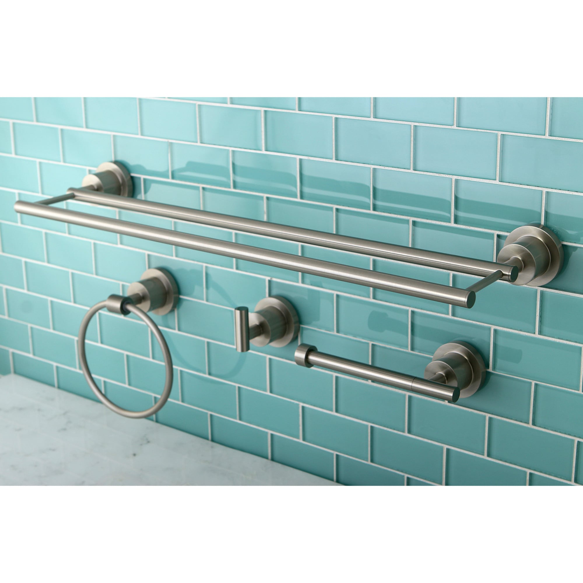 Kingston Brass WLK82134788 4 -Piece Concord Brushed nickel Decorative Bathroom Hardware Set Towel Bar, Toilet Paper Holder, Towel Ring ,Robe Hook Included