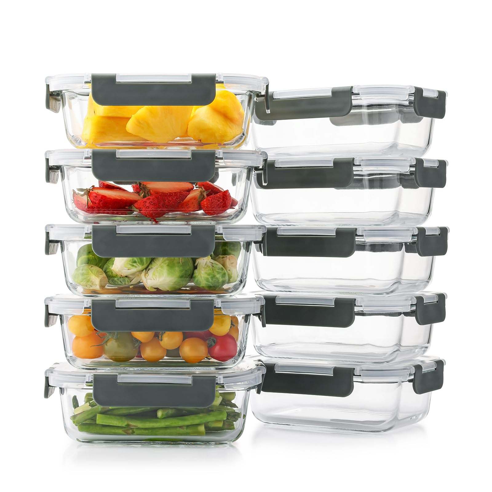 DHMHD  10 Pack 22 Oz Glass Meal Prep Containers with Lids Reusable Food Storage Containers Leak Proof Microwave Oven Freezer Dishwasher Safe Gray