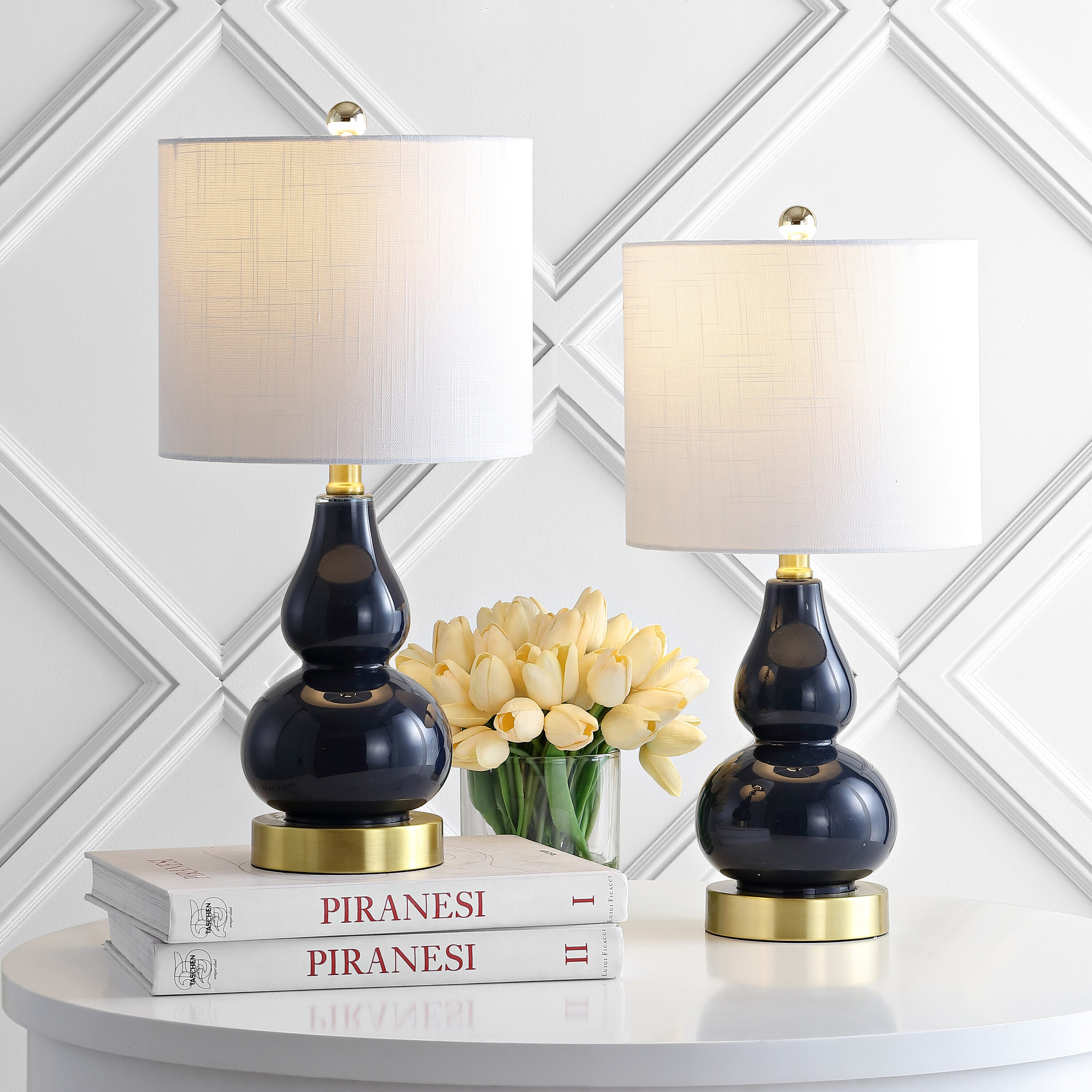 JONATHAN  Y JYL1028F-SET2 Anya Glass Double-Gourd Transitional Glam 20.5-in Navy LED On/Off switch Table Lamp with Linen Shade 2 -Set