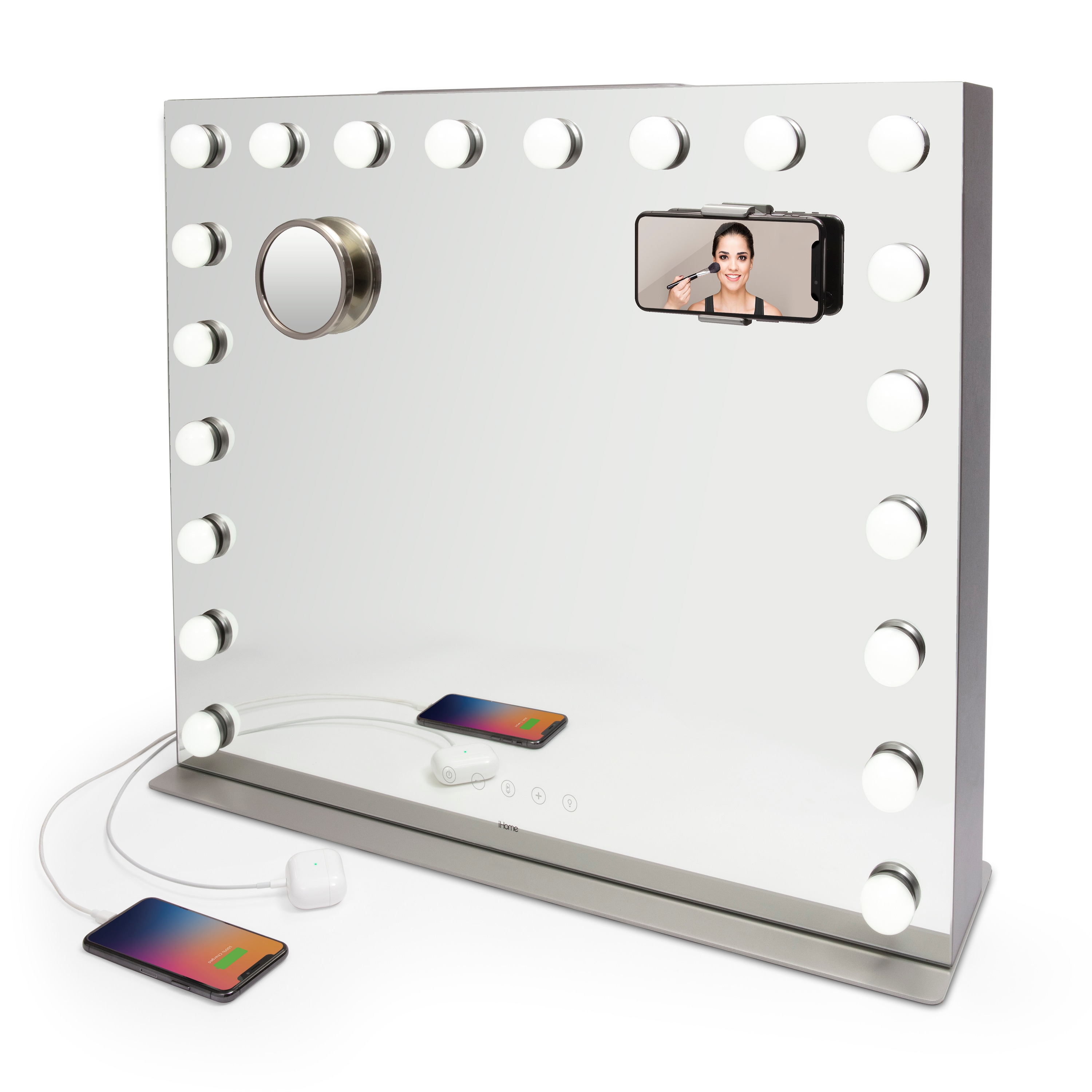 iHome Hollywood studio pro 27.97-in x 23-in Dimmable Lighted Silver Nickel  Frameless Bluetooth Bathroom Vanity Mirror at