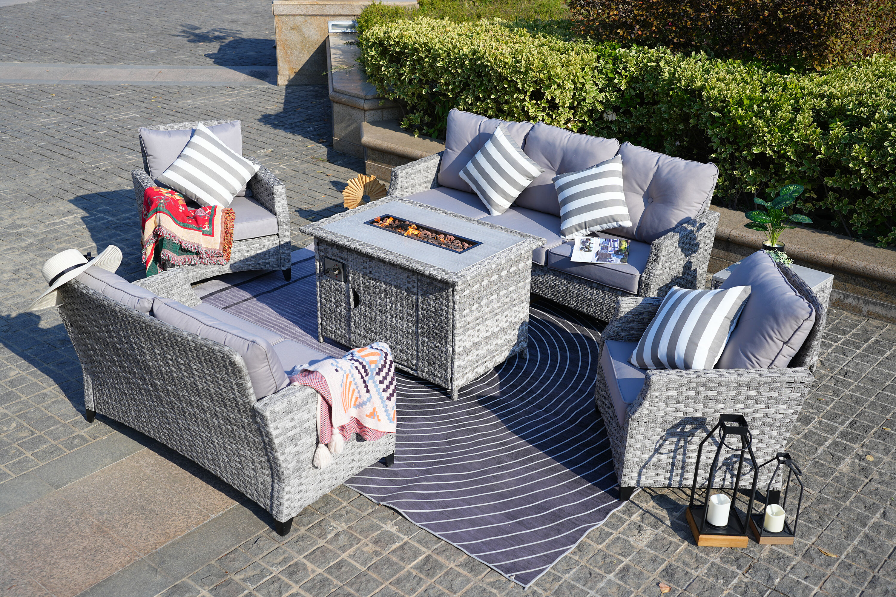 Moda Furnishings MOF-1803-H Lulu 6 -Piece Wicker Patio Sofa Conversation Set with Gray Cushions