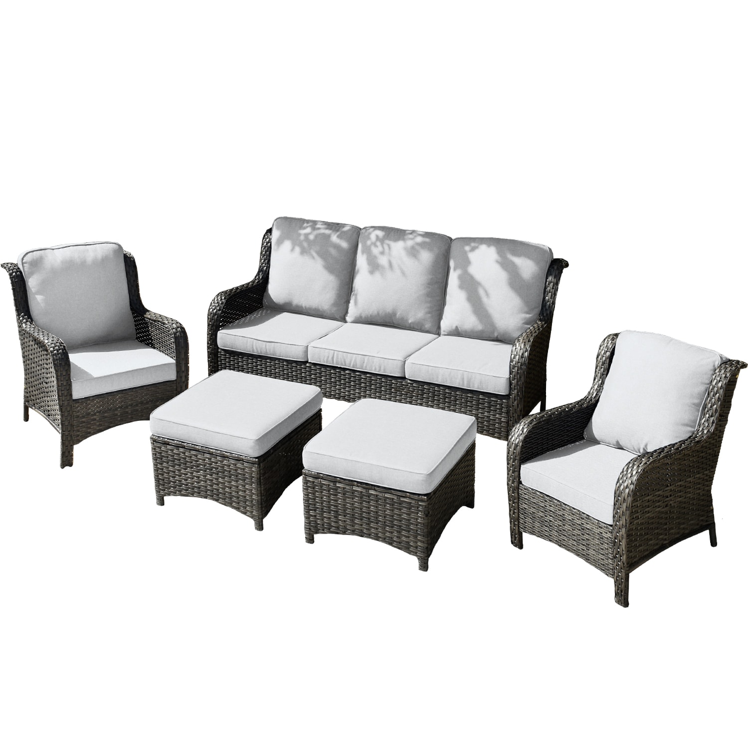Grey Wicker 5-Piece Outdoor High-Back Seating Set with Cushions