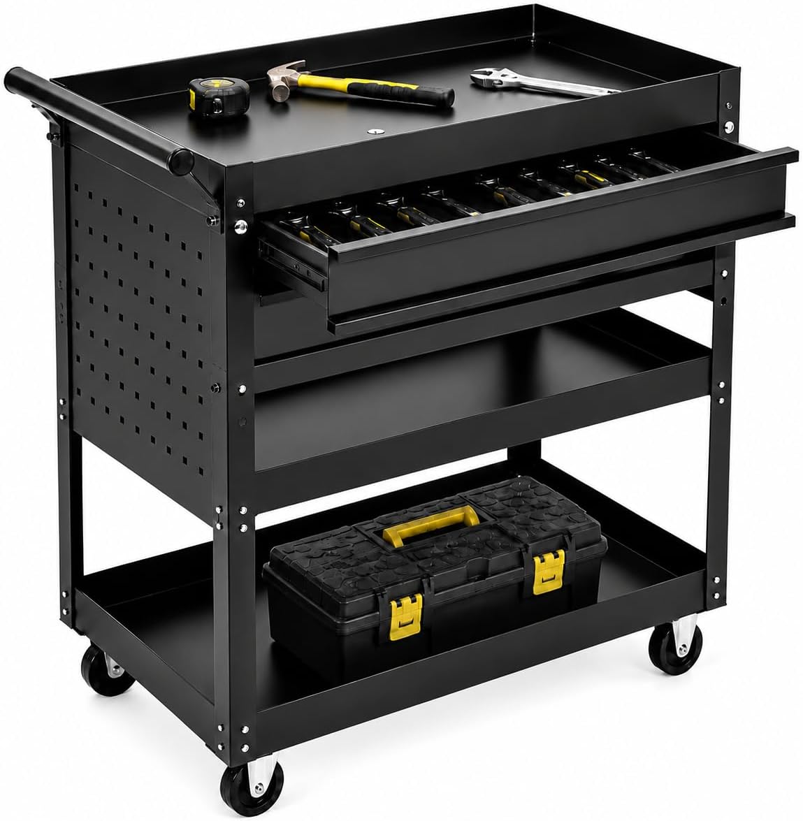 GAOMON 30 Inch Cold Rolled Steel Garage Tool Cart 3 Tier Shelves 2 Drawers with Lockable Casters Heavy Duty Workshop Storage Organizer- Black
