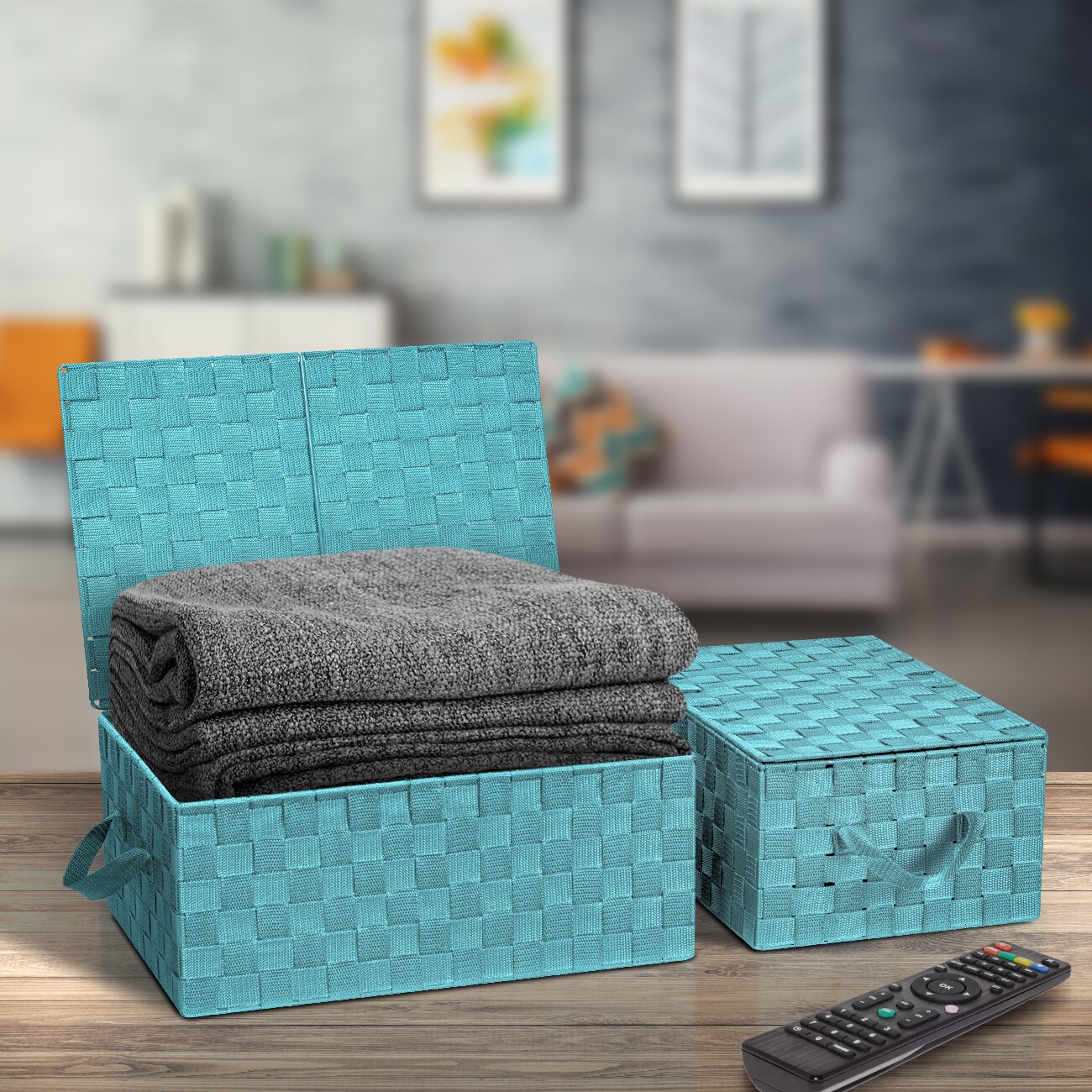 Aqua Woven Polypropylene Stackable Storage Basket Set with Lids