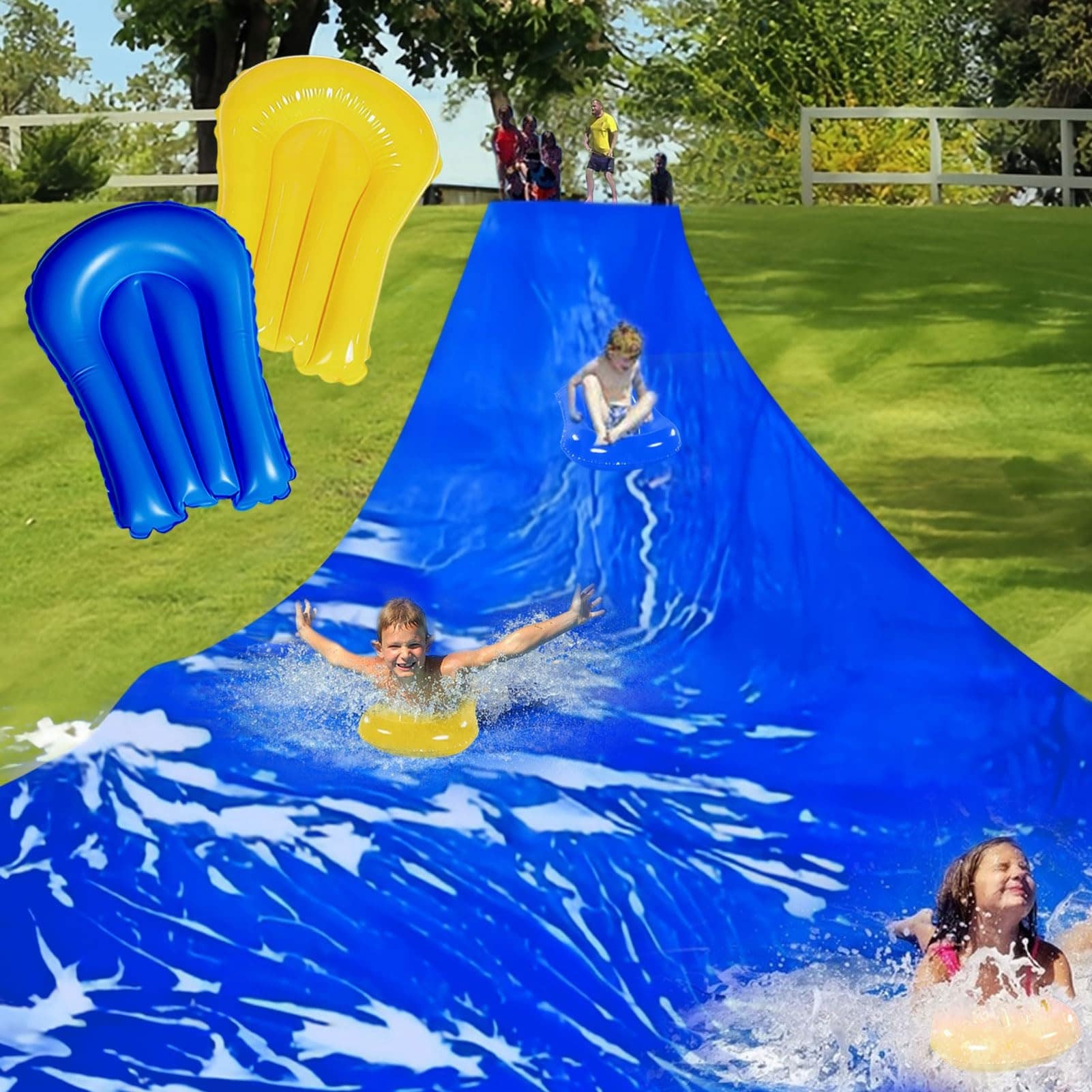 Angel Sar 30 x 6.5 Ft Extra Long Heavy Duty Water Slide with 2 Inflatable Boards and Stakes Backyard Lawn Slip and Slide Summer Outdoor Toy for Kids Adults