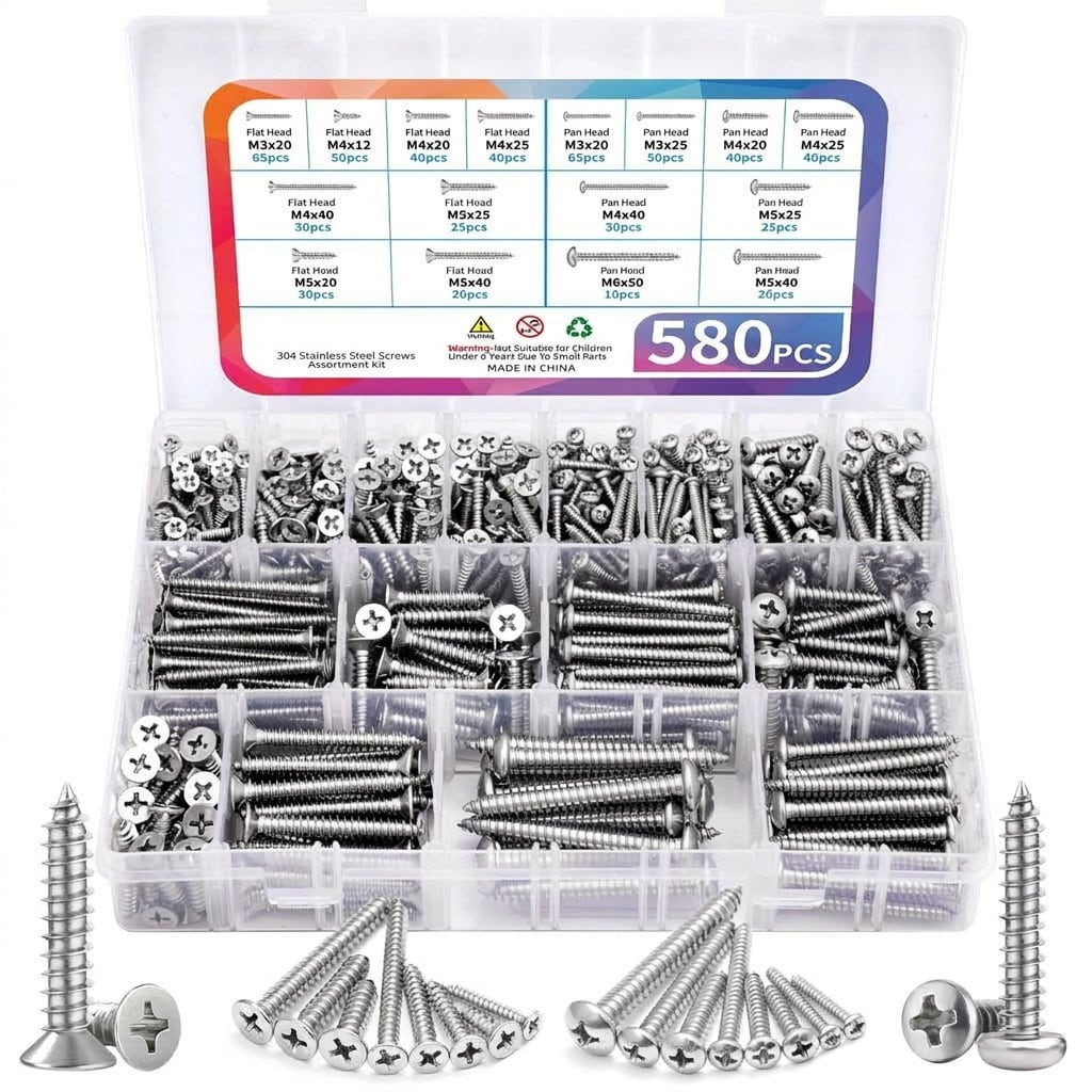 Etokfoks  580pcs Stainless Steel Wood Screw Assortment Kit M3 M4 M5 M6 Pan Head and Flat Head Set