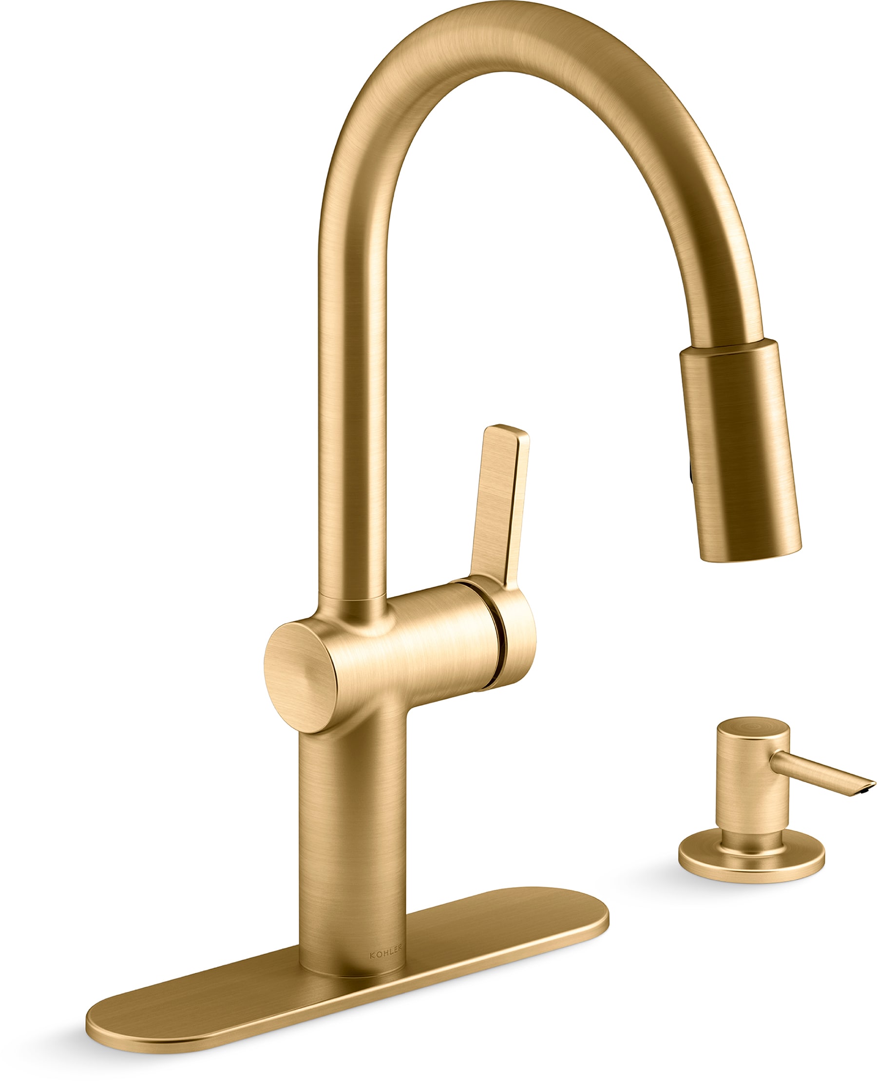 KOHLER Koi Vibrant Brushed Moderne Brass Single Handle Pull-down Kitchen  Faucet with Deck Plate and Soap Dispenser Included