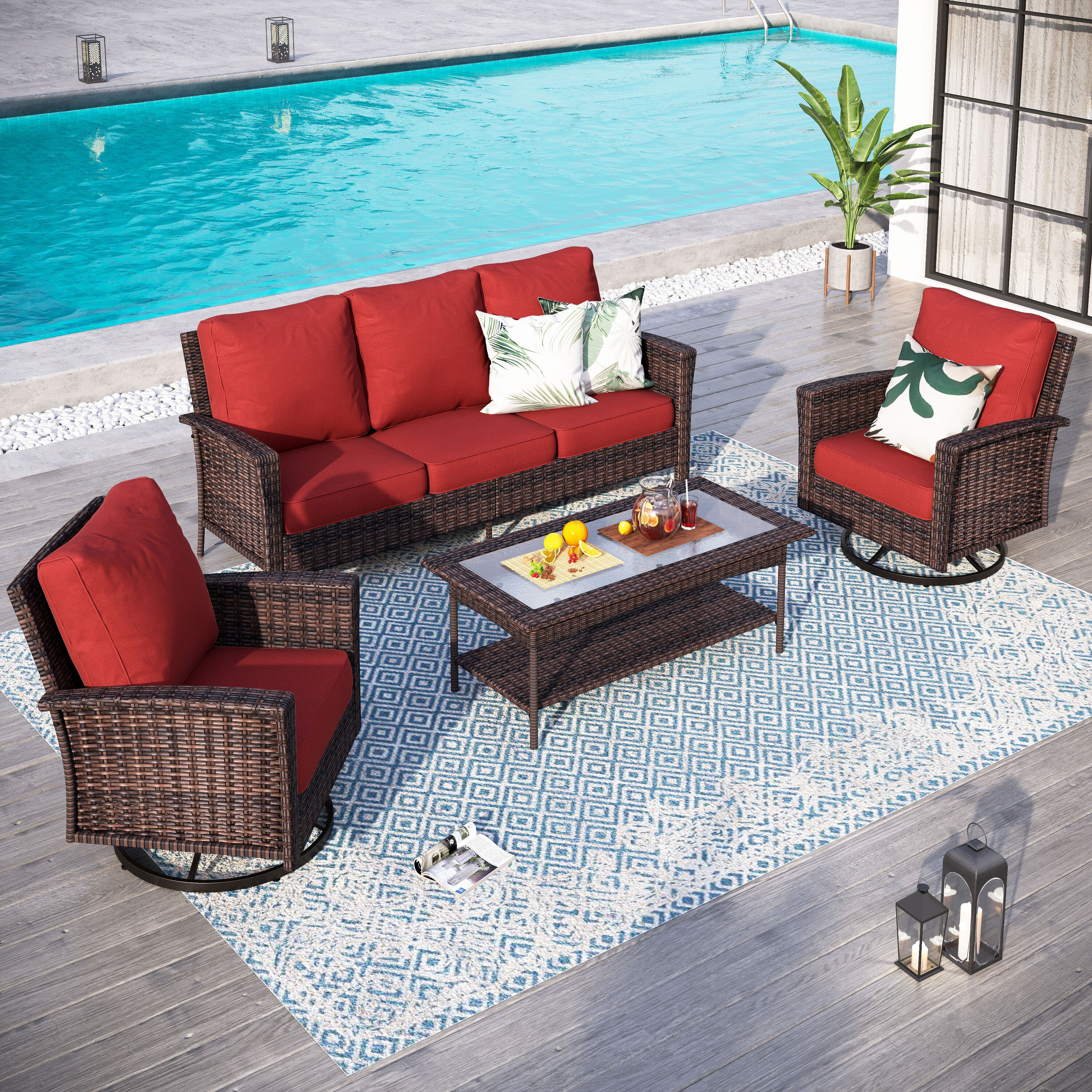 Sunshine Valley CR005-01-5-RD 4 -Piece Wicker Patio Sofa Conversation Set with Red CUSHION PRO Cushions