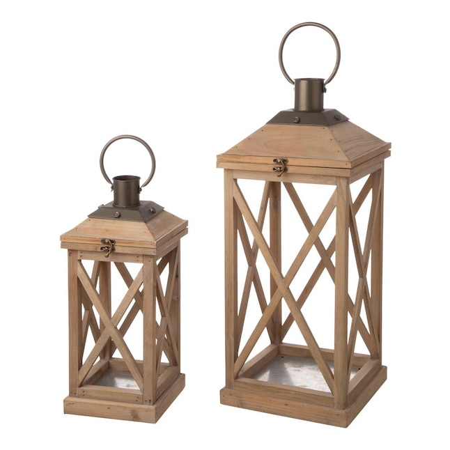 Glitzhome Rustic Farmhouse Wooden Lantern Set of 2, Brown Fir Wood,  Galvanized Base, Indoor Use, Candle Not Included in the Candle Holders  department at