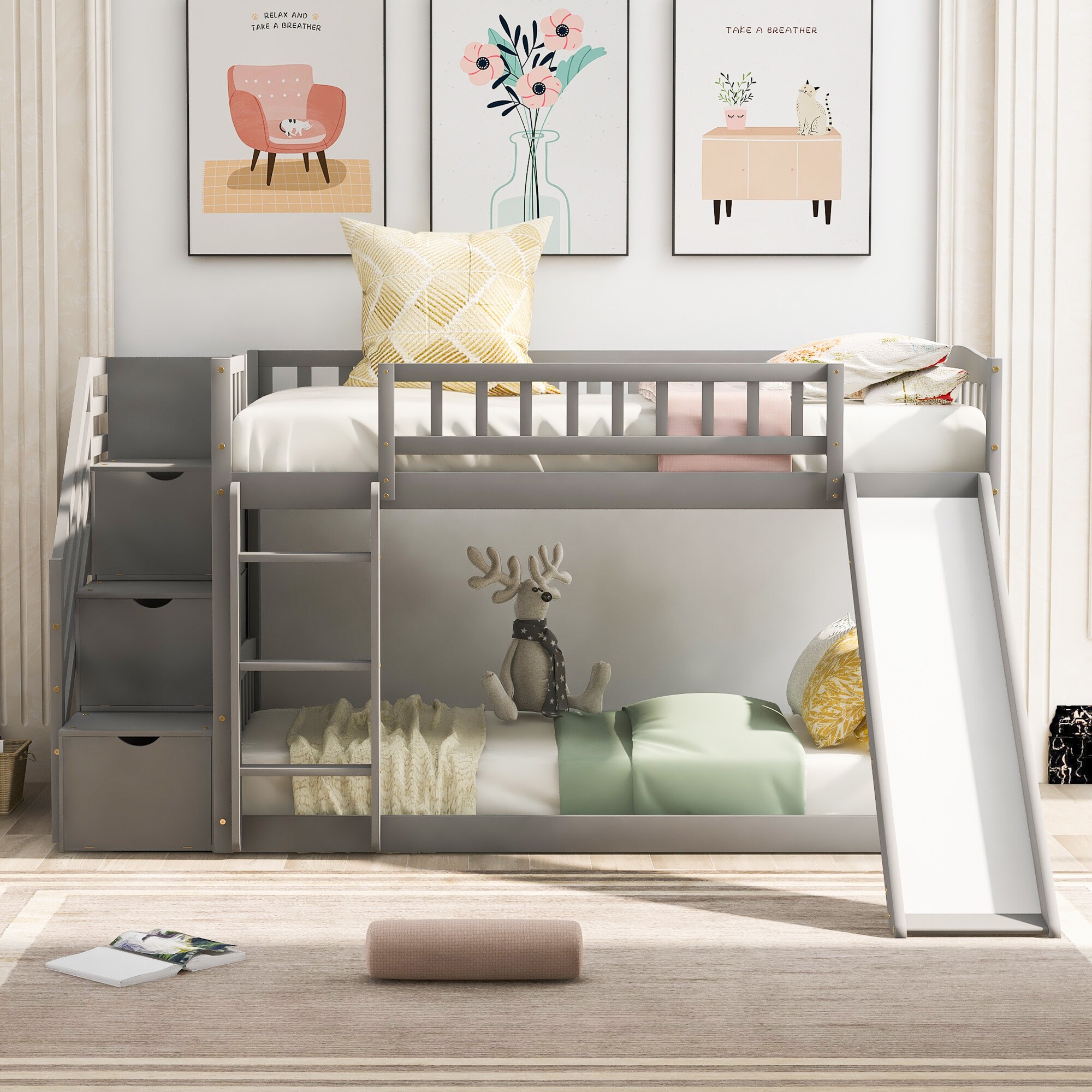 ModernLuxe LT100155AAE Stairway Twin over Twin Bunk Bed with Two Drawers and Slide Gray