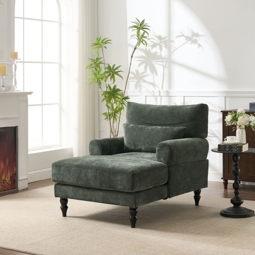 Coolbibila KACE-CHAIR-GREEN Modern Green Upholstered Chaise Lounge Recliner with Cushion and Solid Wood Frame for Living Room