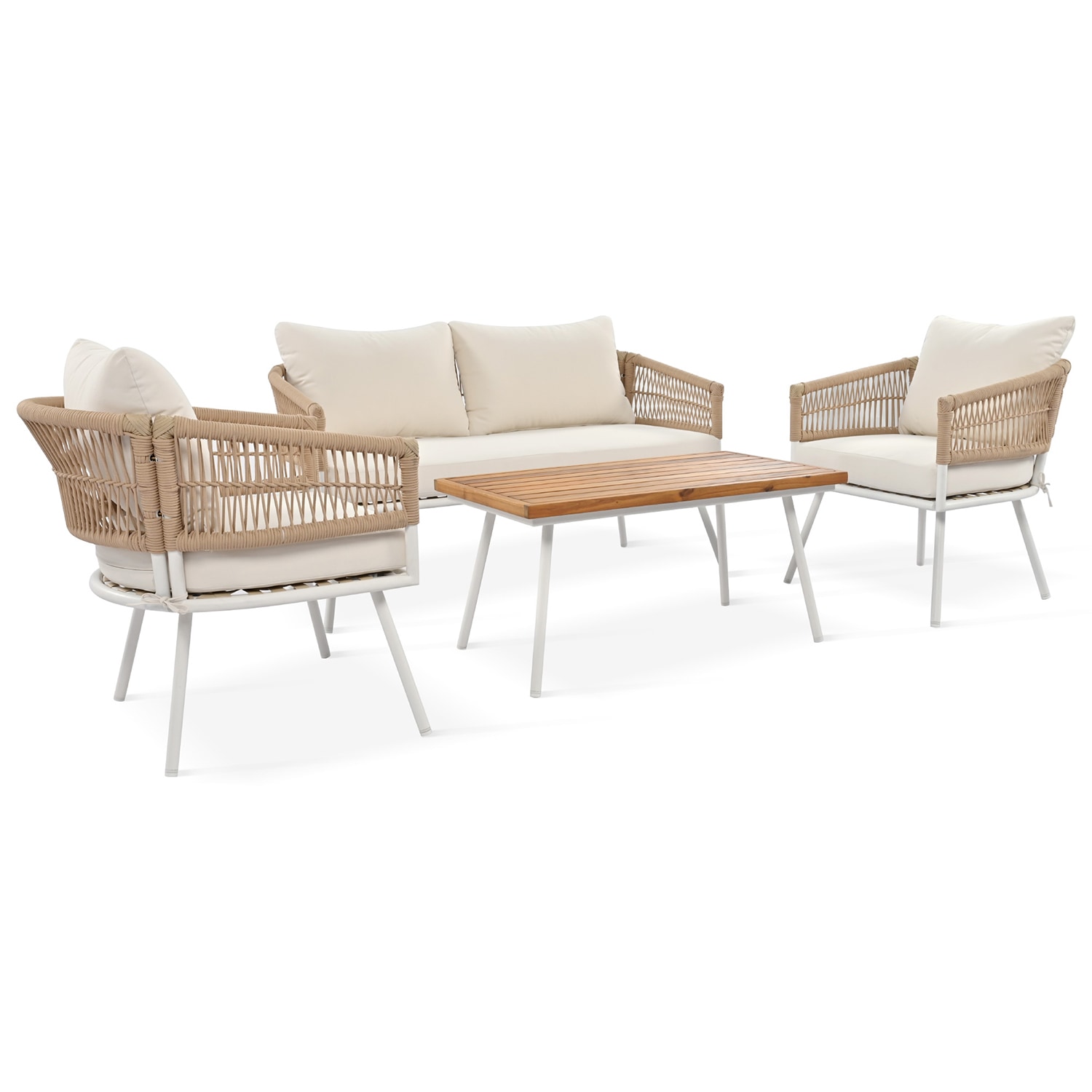 Bybafun YA0200131 4-Piece Woven Patio Conversation Set with Off-white Cushions