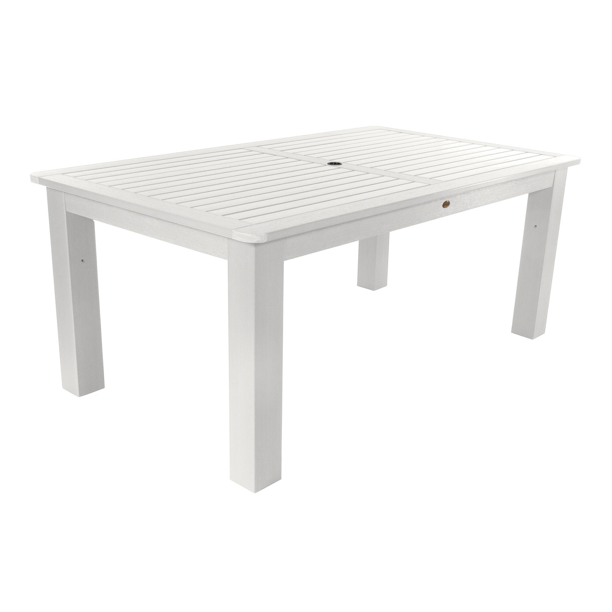 white plastic patio table with umbrella hole