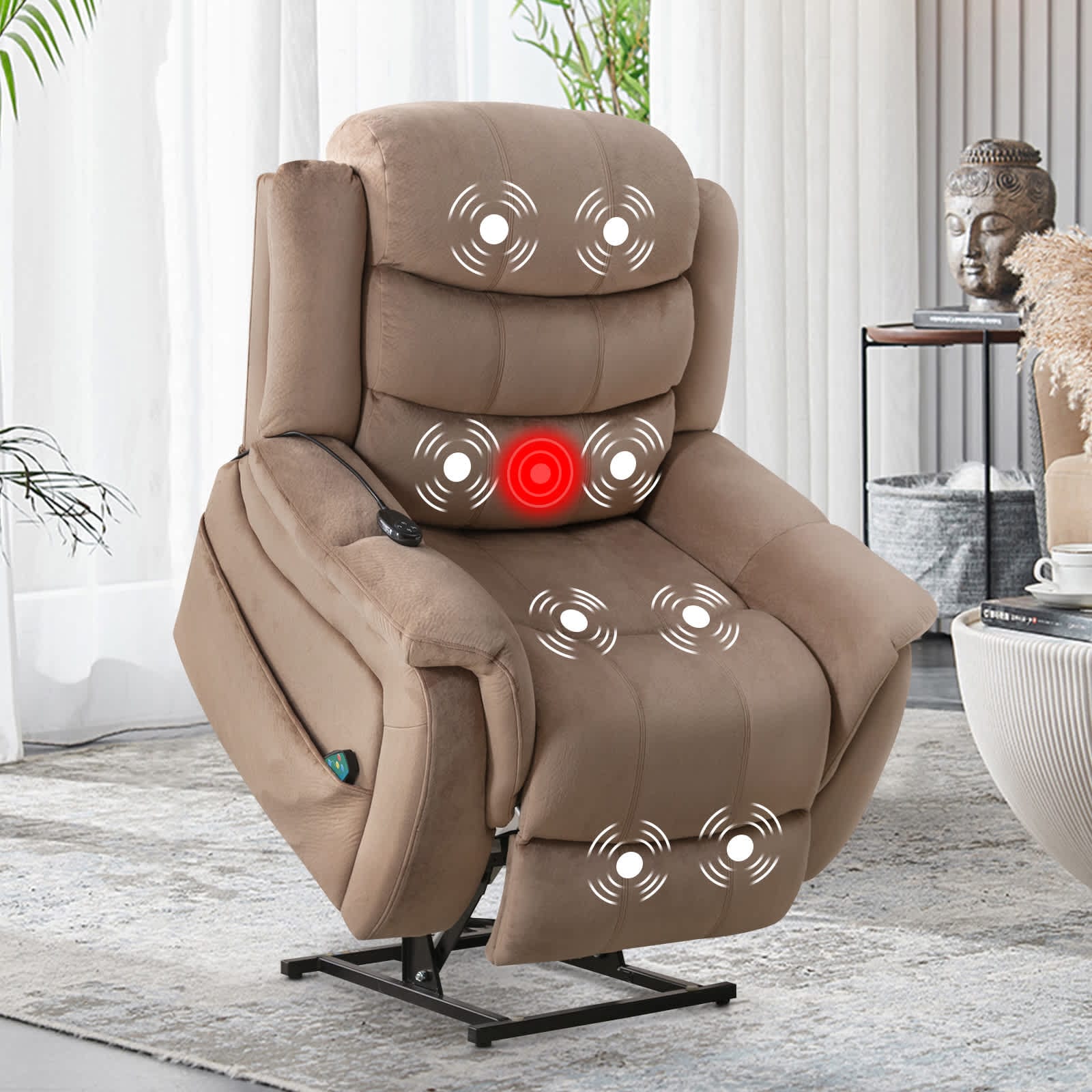 Bestier USLOW-L502740F-LBRN 41 in. Camel Oversized Microfiber Power Lift Recliner w/ 8-Point Vibration Heating Massage Assistance Recliner w/ Dual Motor