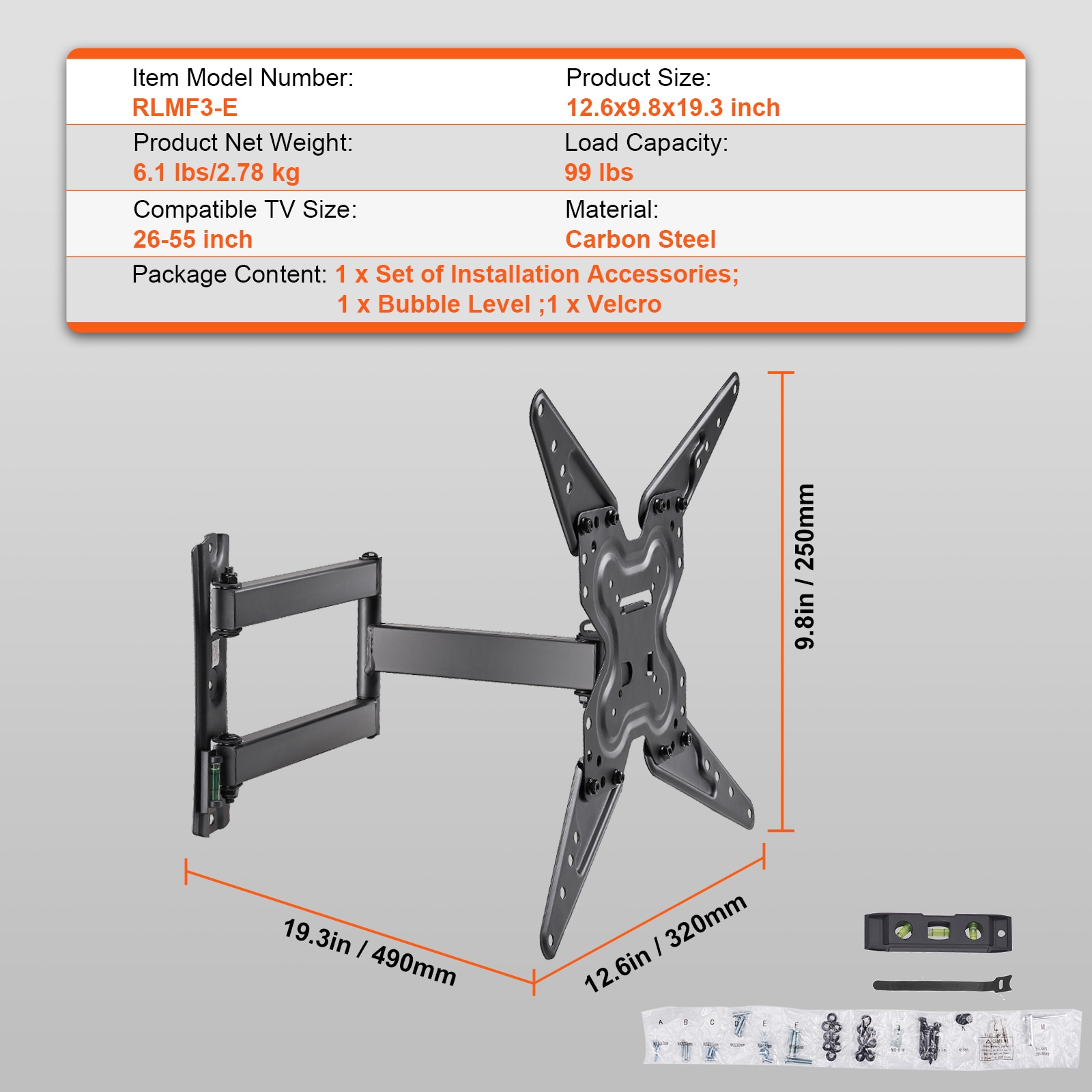 Black Carbon Steel Full Motion Wall TV Mount for 26-55 inch TVs
