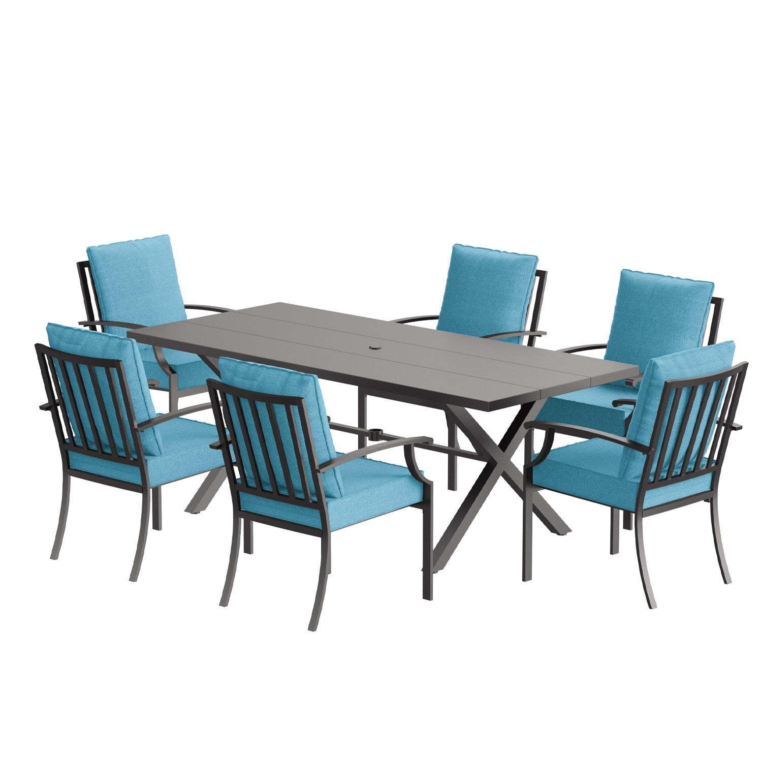 ALAULM LS-6DM-BLUE 7 -Piece Brownish Black Patio Dining Set Iron Rectangle Table with 6 Blue Cushions Stackable Swivel Rocker Chairs