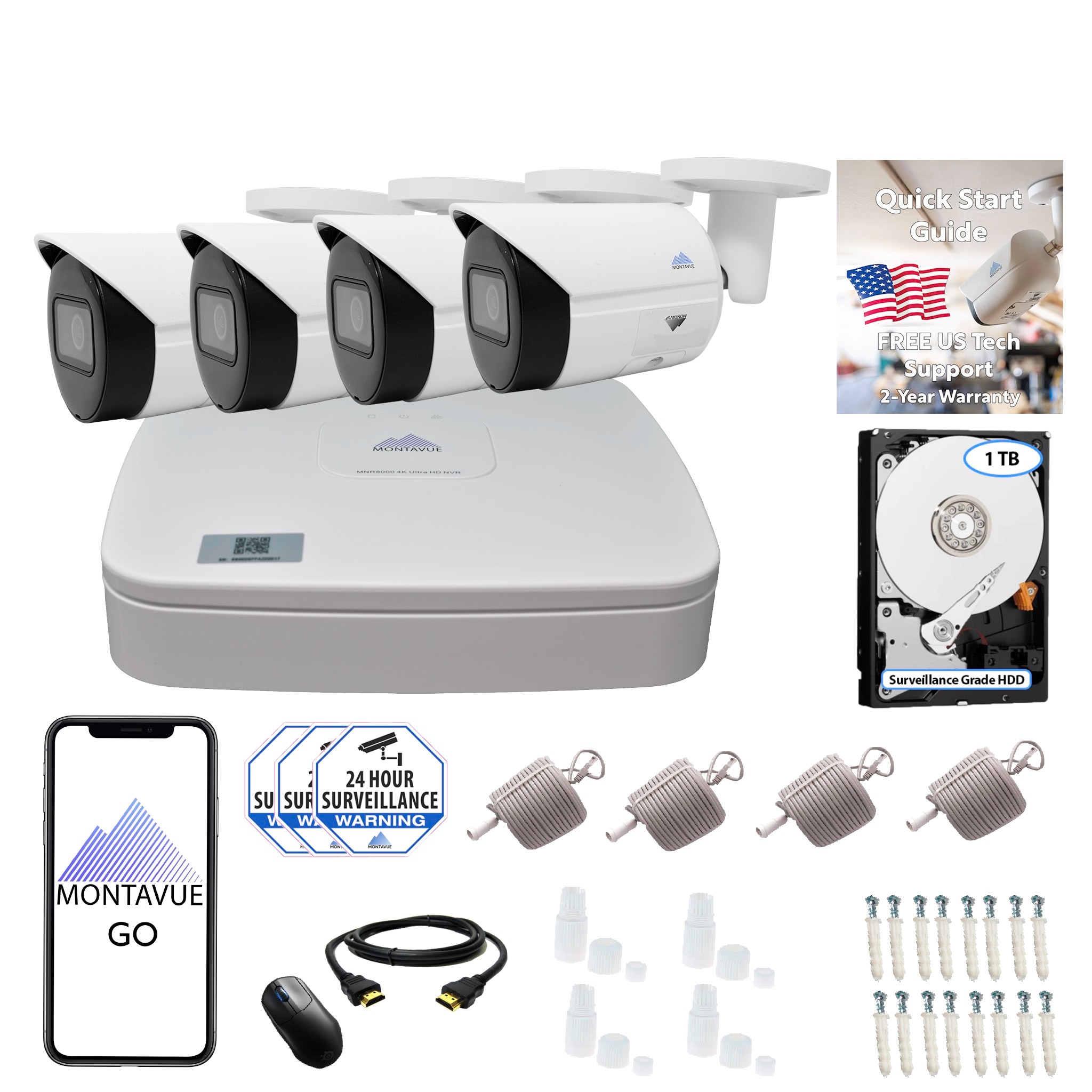 Montavue MTIP8041-44KB-W 8105 Indoor/Outdoor 4-Camera 4K Hardwired Bullet 1Tb Hard Drive Security Camera System