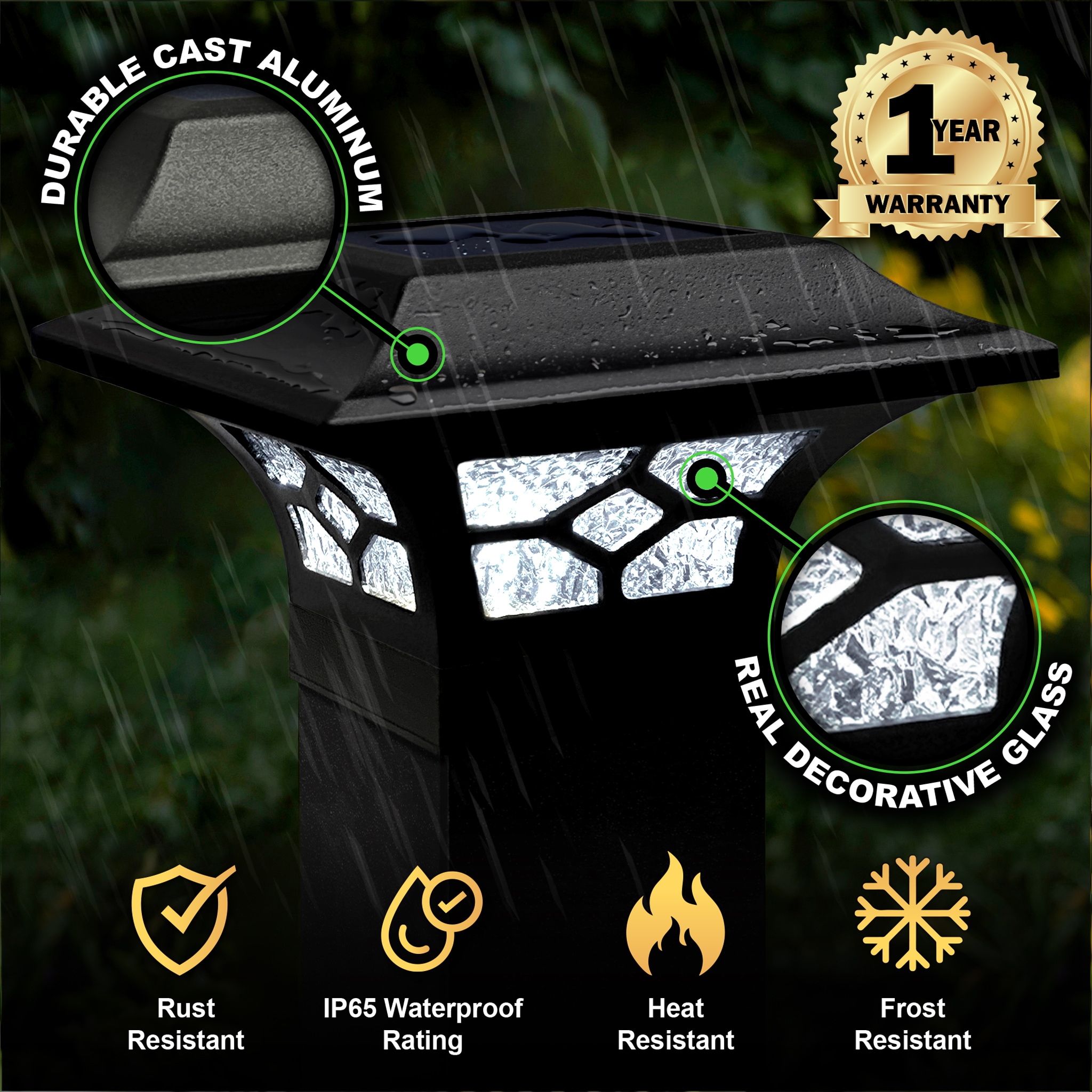 Black Aluminum LED Solar Post Cap with Glass Lens