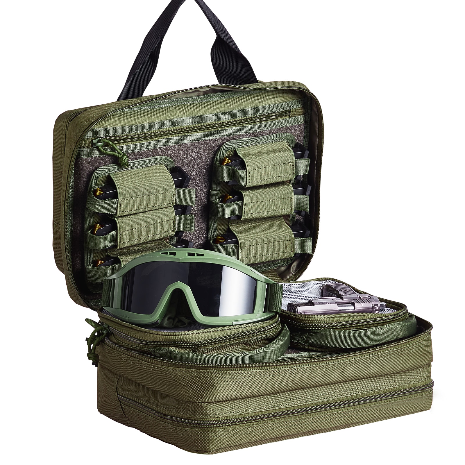 VEVOR SCSQBLS3320204883V0 Range Bag for 2 Pistols  Tactical Gun Bag with 2 Built-in Removable Pistol Bags and 6 Detachable Magazines  Gun Range Bag for Outdoor Hunting Shooting  Lockable Carrying Handgun Bag Case  Green